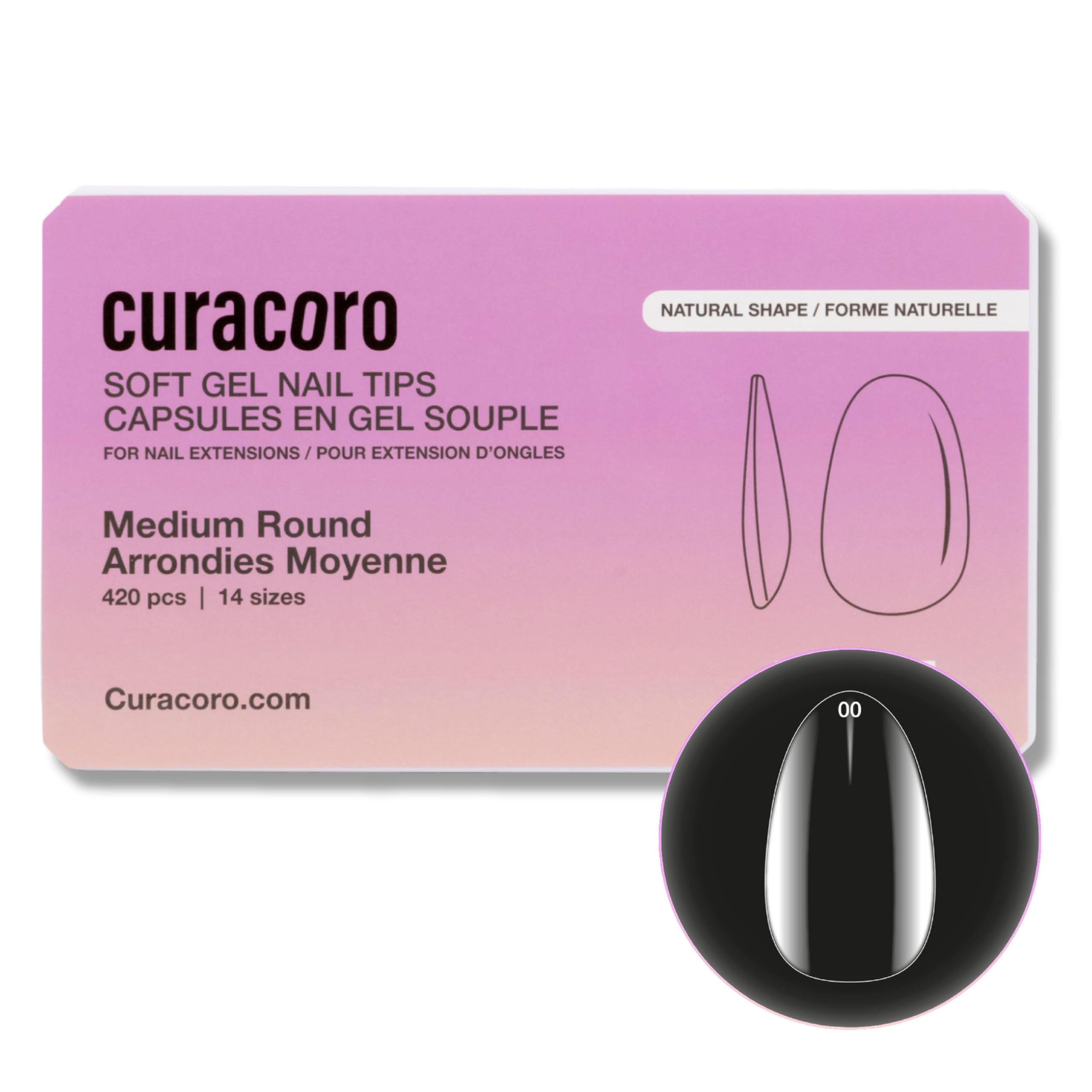 Curacoro Natural Nail Soft Gel Tips, 420Pcs Clear Full Cover Acrylic Gel Tip, 14 Sizes, Long-Lasting Salon Quality