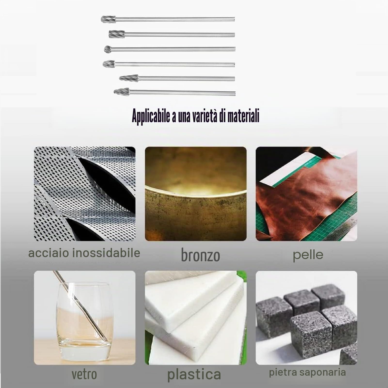 Set di frese rotanti, 6 pezzi 6mm 1/4" con gambo in alluminio, fresa rotante extra lunga 150mm per metallo, acciaio, marmo, giada, osso, lavorazione del legno