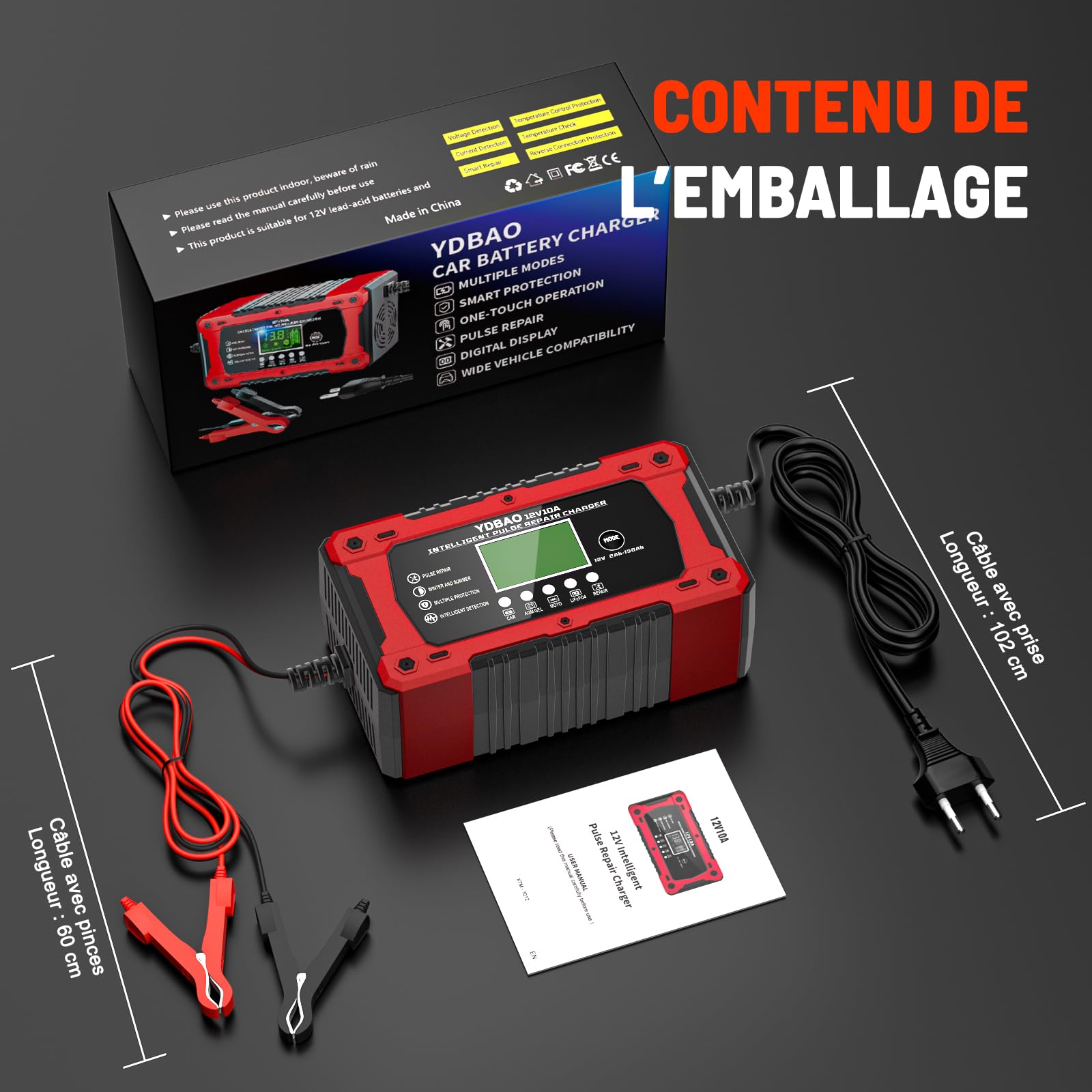 YDBAO Chargeur Batterie Voitures 10A 12V LiFePO4 Chargeur de Batterie Moto Auto Intelligent avec Réparation Écran LCD Mode Protection pour Voiture Moto Camion AGM Gel Wet SLA LiFePO4