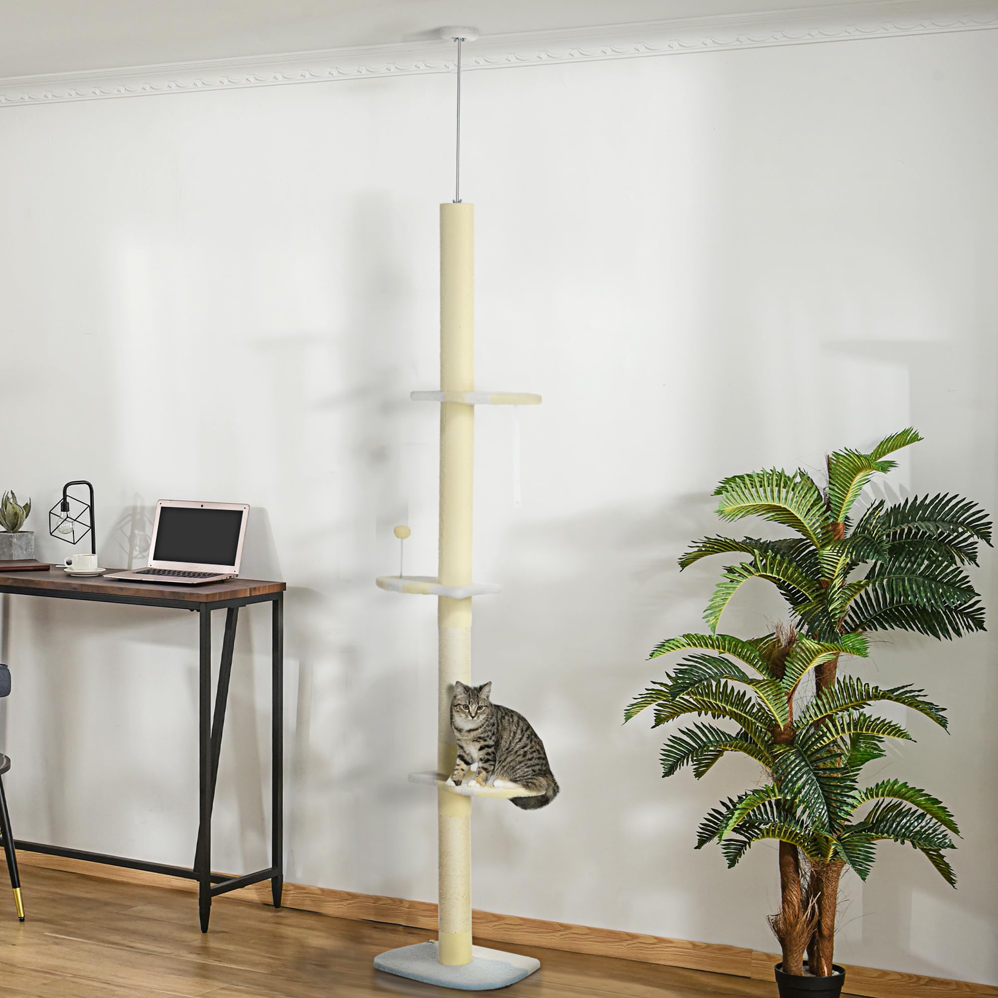 PawHut Árbol para Gatos del Suelo al Techo 220-260 cm Rascador Amarillo | Rascador para Gatos, 3 Plataformas, Poste Altura Ajustable, Escalador de Sisal, Bola para Jugar, 47x34x220-260 cm