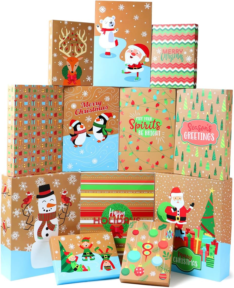 JOYIN 24 PCS Assorted Christmas Shirt Gift Box, 3 Sizes 12 Designs Kraft Alike Assorted Shirt Wrap Box Set with Lids, Base and Gift Tag Stickers for Gift Wrapping, Present Wrap Décor