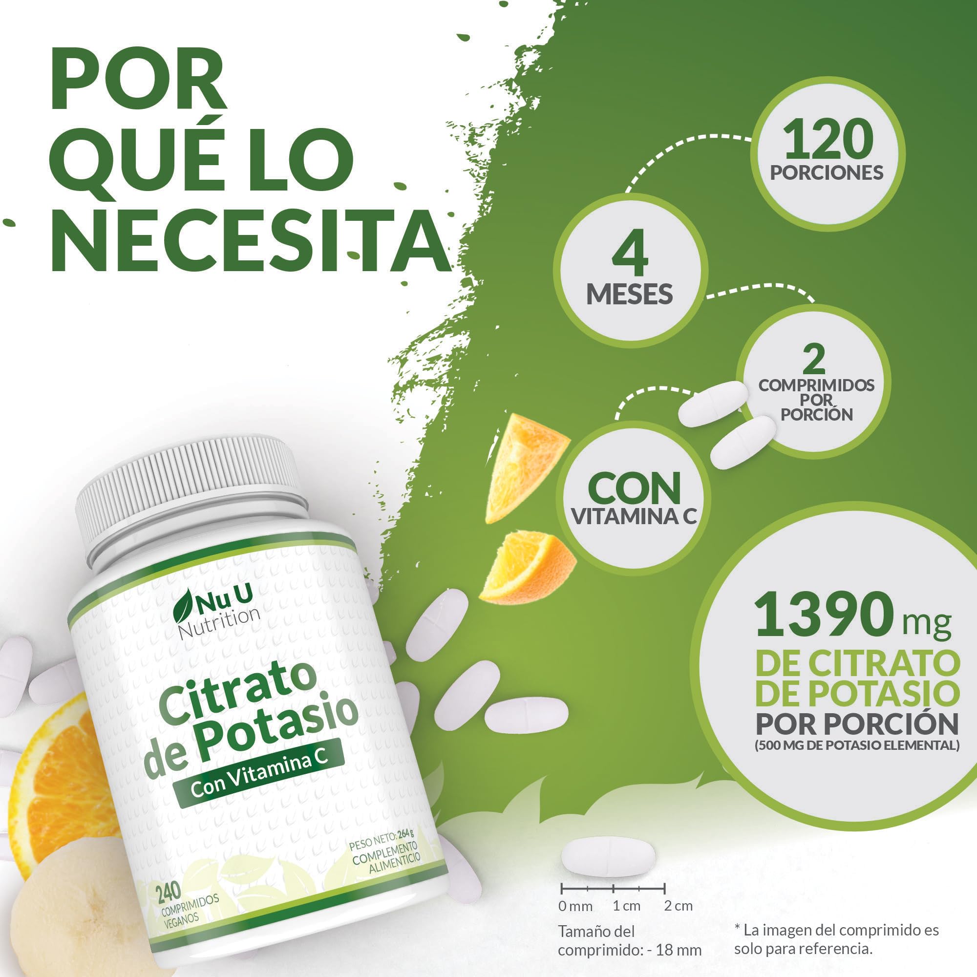 Potasio 1550mg con Vitamina C - 240 Comprimidos Veganos - Suministro Para 4 Meses - 500mg de Citrato de Potassium Activo de Alta Potencia - Fabricado en Europa - Nu U Nutrition