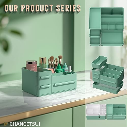 Miniatura 7 de CHANCETSUI Organizador de maquillaje con cajones, organizador de encimera para cosméticos, soporte de tocador para lápiz labial, pinceles, lociones,