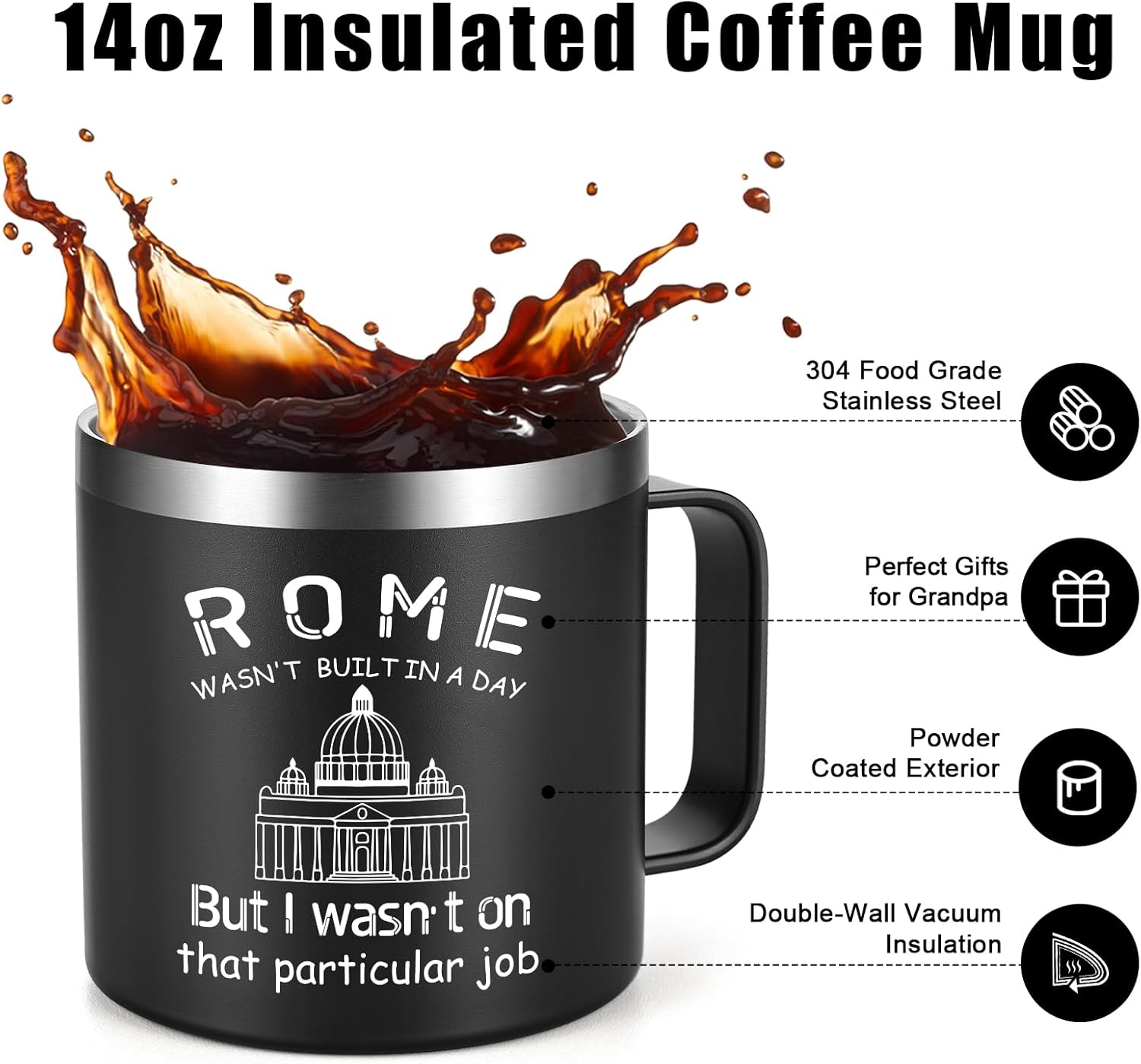 Lifecapido Construction Worker Gifts, Construction Gifts for Men, Rome Wasn't Built In A Day 14oz Insulated Coffee Mug, Christmas Birthday Gift for Men Construction Worker Builder, Black - Image 6