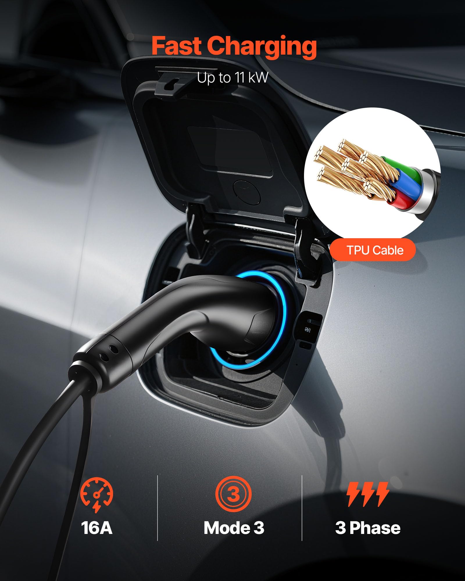 VEVOR EV Ladekabel, 16 A, 7 m, max. 11 kW, Verlängerungskabel, kompatibel mit Typ-2-Ladegeräten für Elektrofahrzeuge, 3-Phasen-Wechselstrom, 480 V, 50 Hz, IP65, Autoladekabel mit Tragetasche