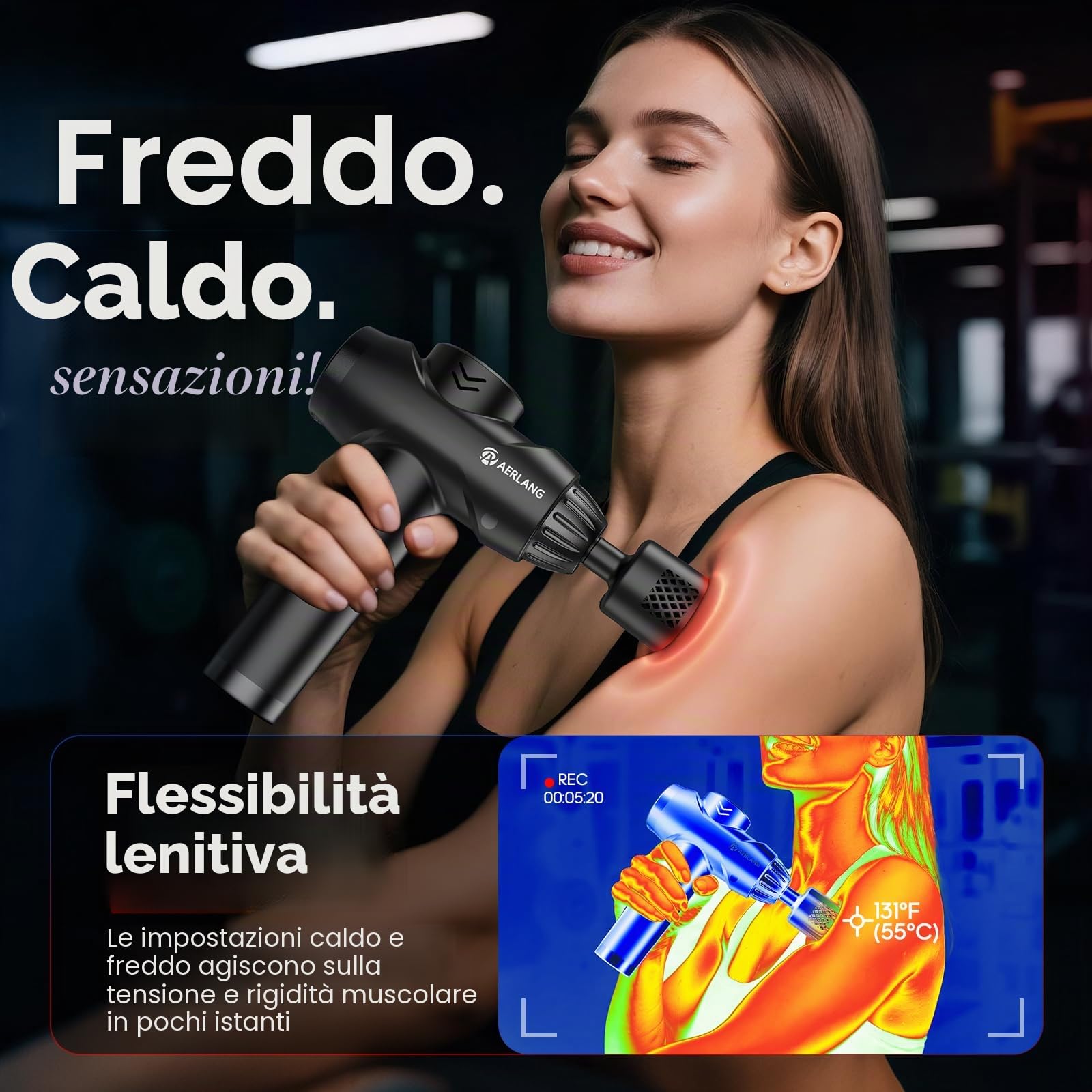 AERLANG Pistola per massaggi con calore, pistola massaggiante per tessuti profondi, massaggiatore a percussione muscolare a 20 velocità con touch screen LCD, 7 teste, pistola massaggiante con custodia