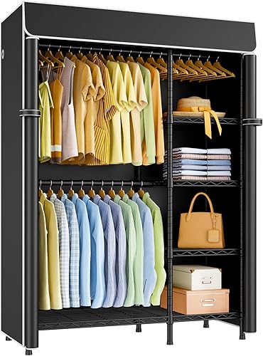F2C - Perchero con funda, percheros para colgar ropa, perchero resistente con estantes y barras de suspensión, armario negro con cubierta negra,