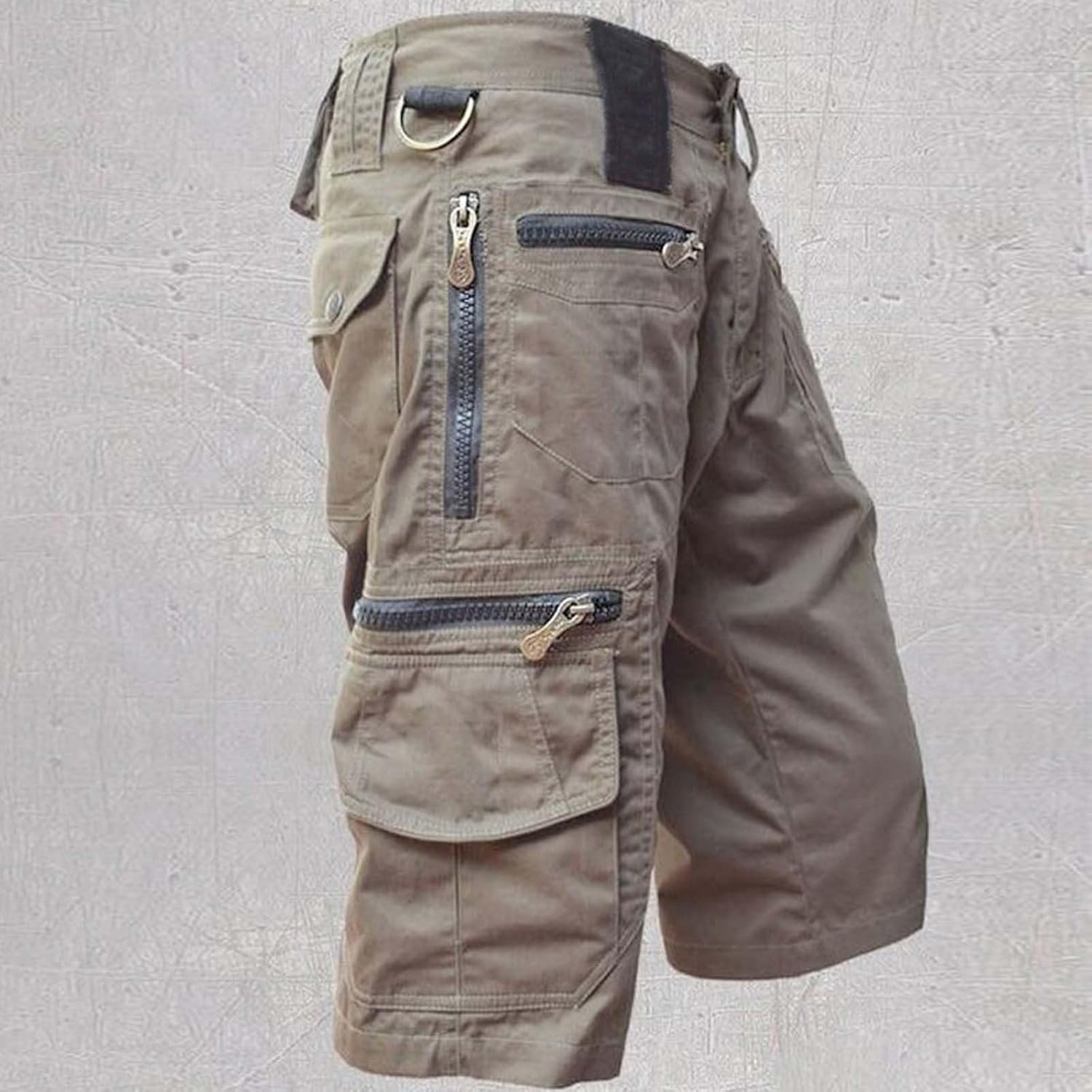 Spodnie Cargo Męskie O Długości 3/4 Z Wieloma Kieszeniami Szorty Cargo Workowate Kieszenie Na Suwak Bermudy Czarne Wygodne Spodnie Rekreacyjne Męskie Spodenki Robocze Vintage, Brown, L