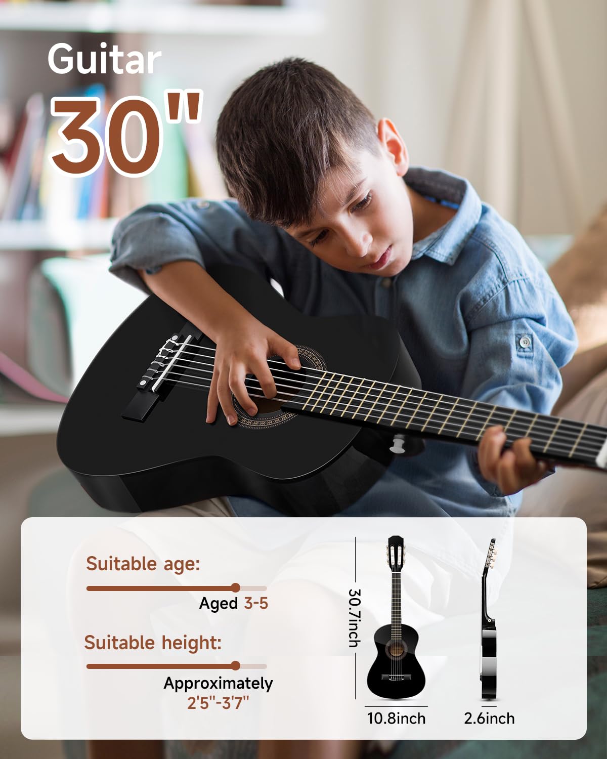 Guitarra acústica de 30 pulgadas para principiantes, niños y niñas de 1/4 tamaño junior, cuerda de nailon, guitarra clásica acústica con póster de acordes, bolsa de concierto, afinador, púas, cuerdas de nailon, cejilla, tela, correa, color negro 2