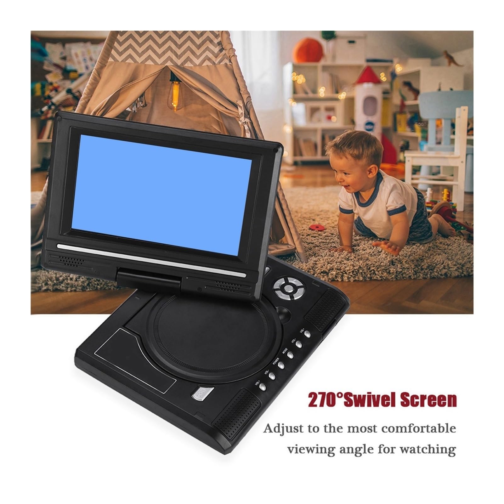 Lecteur DVD portable 7 pouces - Lecteur DVD de voiture rechargeable à écran pivotant avec TV et manette de jeu