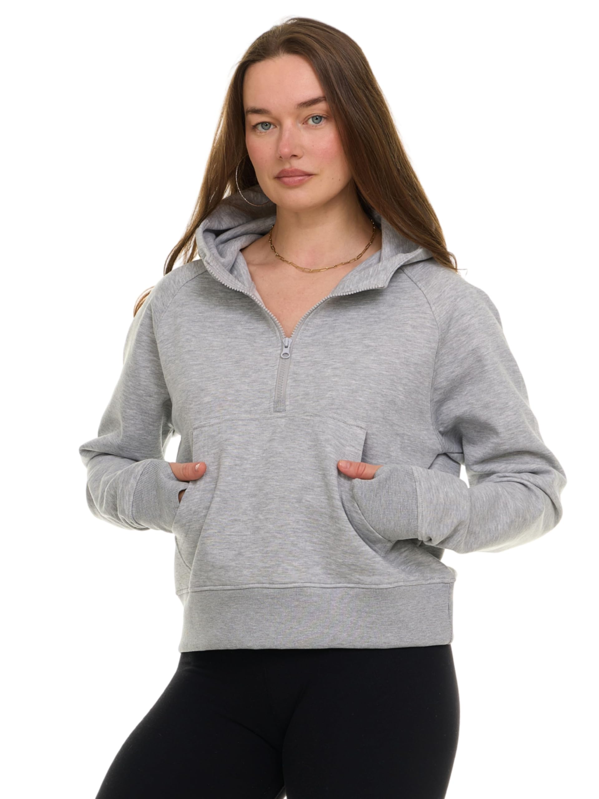 MODERN BASICS Womens Half Zip Hoodie - Fleece Cropped Sweatshirt for Women, Quarter Zip Up Pullover Grey