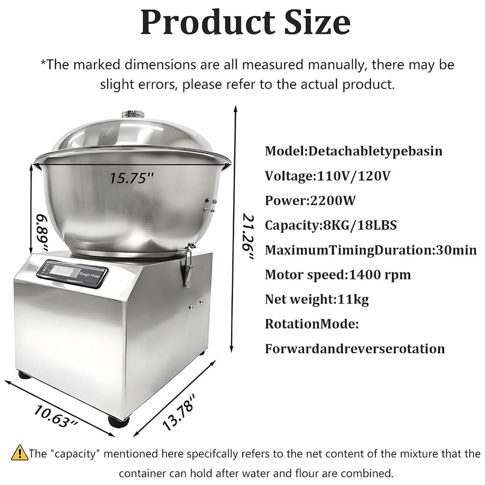 Elektryczna maszyna do mieszania ciasta 5 kg/8 kg, do chleba, pizzy, wyrabiania ciasta, z funkcją timera i wyjmowaną misą, do użytku domowego 8kg
