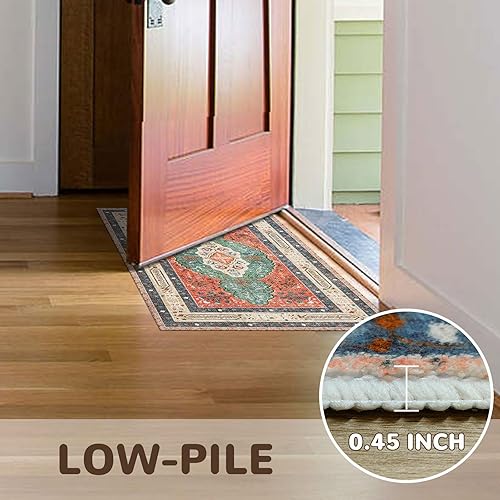 Miniatura 3 de Alfombra pequeña lavable de pelo bajo, 2 x 3, estilo bohemio, para entrada, oriental, antideslizante, no desprende pelusa, alfombra vintage con