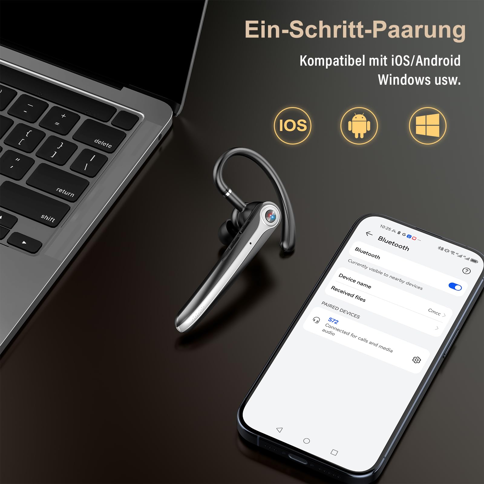 Bluetooth Headset V5.4 Wireless Freisprech Telefon mit CVC 8.0 und ENC Dual Mikrofon, Bluetooth Ohrhörer kabellos mit 25h Sprechzeit, 120h Standby Headset Handy für Autofahren Büro Business, Schwarz