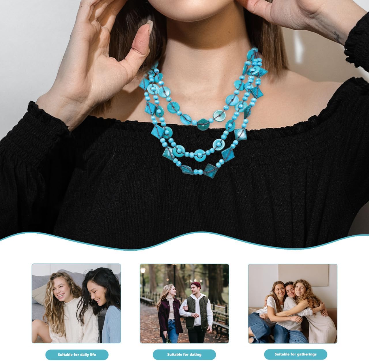 Chunky Necklace Bohemian Shell Necklace Wood Bead Statement Collar Chunky Layered Handmade Beaded Long for Women (Blue, Random) - Image 6