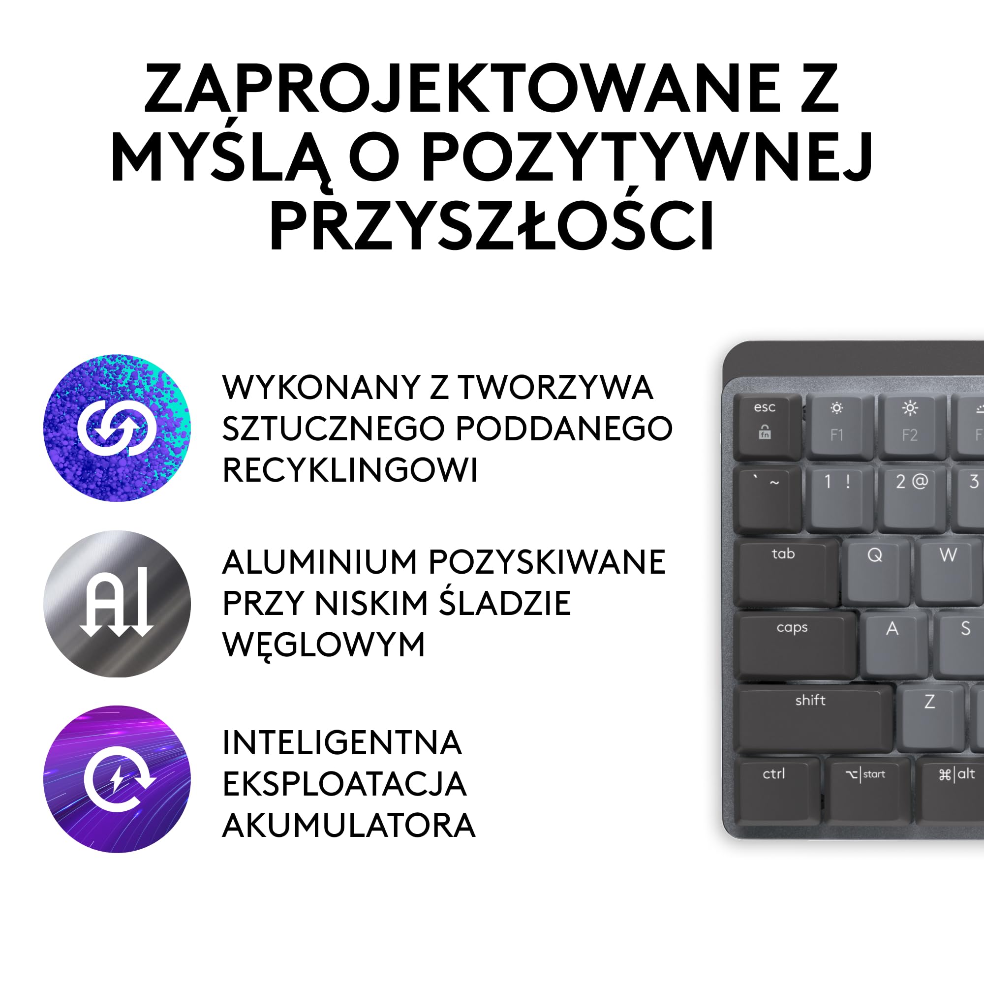 Logitech MX Mechanical Bezprzewodowa Klawiatura podświetlana Performance klawisze Tactile Quiet, Bluetooth, USB-C, macOS, Windows, Linux, iOS, Android, Metal, QWERTY układ US international - Szary