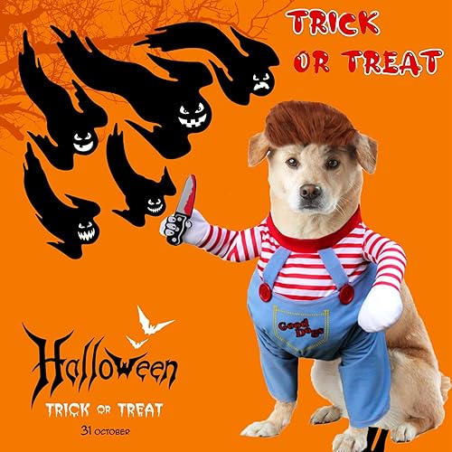 Miniatura 6 de Disfraz de perro de muñeca mortal para mascotas, divertidos disfraces de Halloween de Chucky, ropa de perro linda, disfraz de fiesta de cosplay para