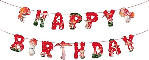 CC HOME Cartel de feliz cumpleaños de hongos rojos, pancarta de hongos en acuarela, tema colorido de hongos para niños y niñas, niños, hogar, aula,