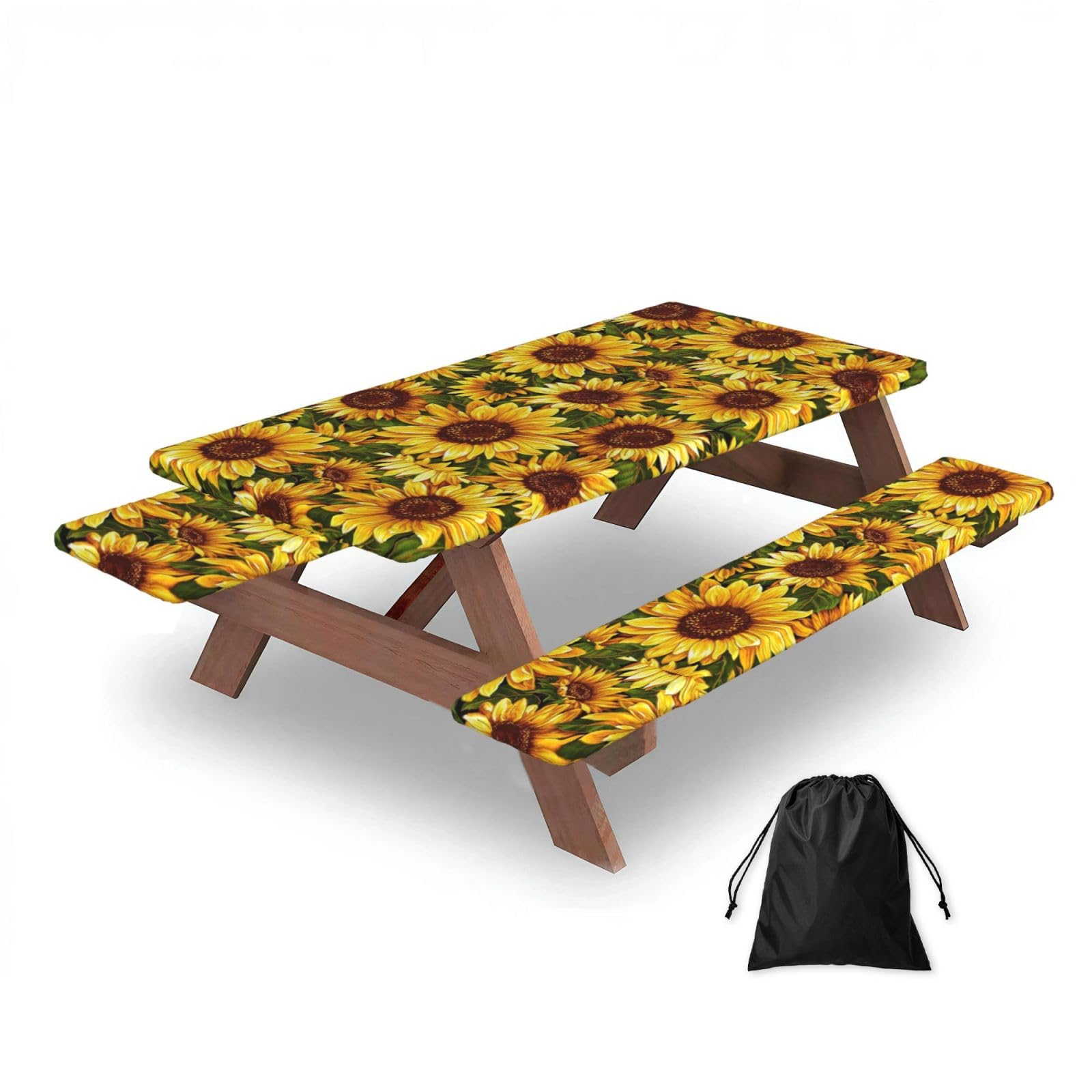 Sunflower Patterns, Picnic Table Cover With Bench Covers -Waterproof Elastic Fitted Tablecloth for Garden Camping Patio 76x152cm