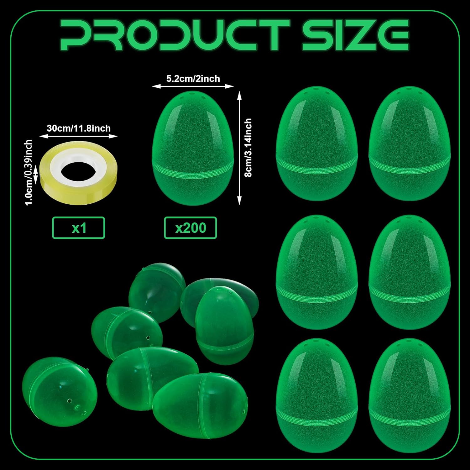 Jenaai 200 Pcs 3.15 Inch Glow in the Dark Easter Eggs Bulk Empty Plastic Fillable Eggs with Hinge for Boys Girls Easter Basket Stuffers Hunt Party Favors