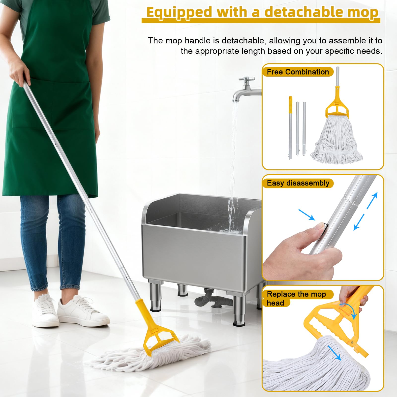 Fregadero de trapeador de 23.6 pulgadas, fregadero comercial de acero inoxidable con diseño de deflector elevado, esquina redondeada, base estable, fregaderos de limpieza y mopas de montaje incluidas