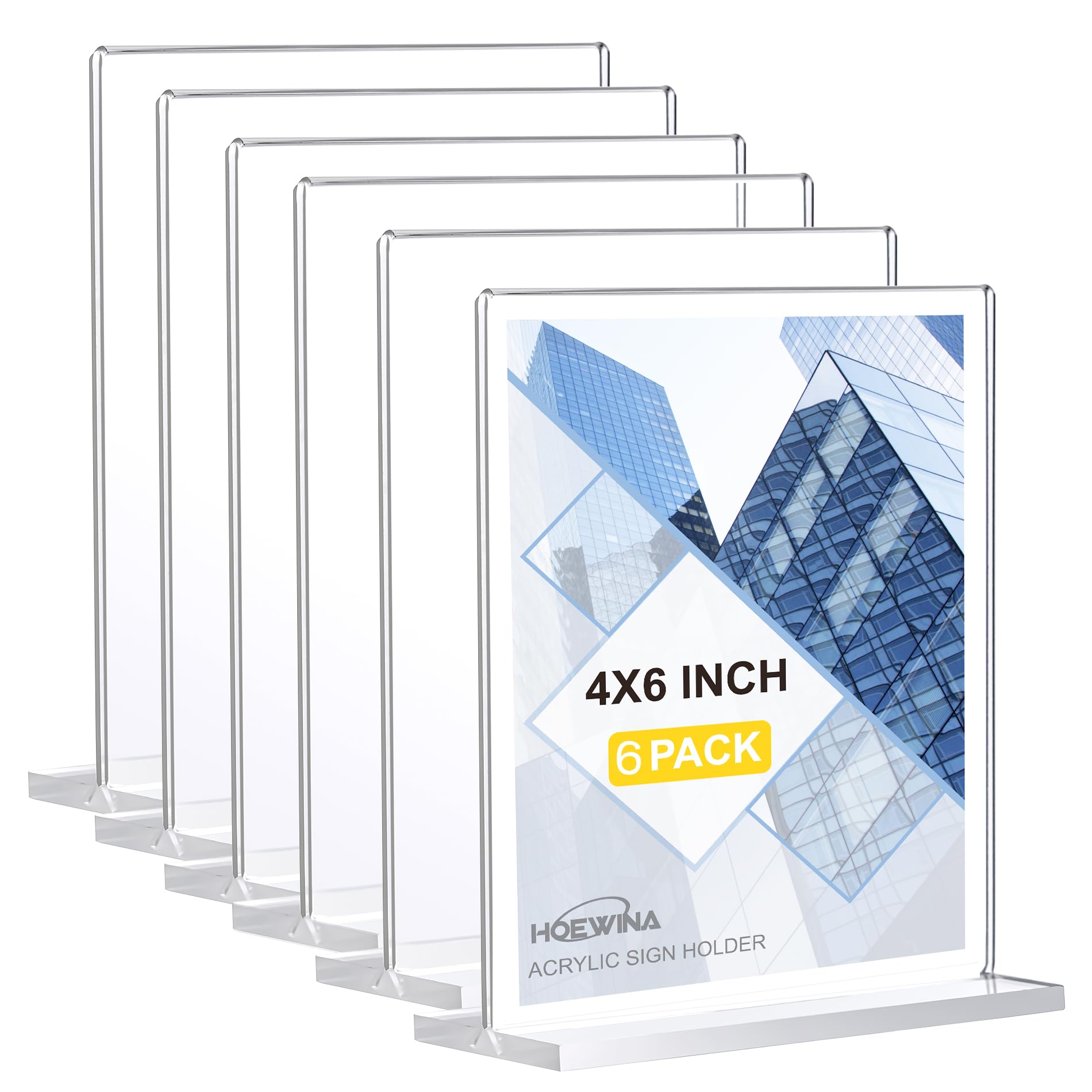 Hoewina Acrylic Sign Stands 4 x 6 Inch 6 Pack - Clear Display Sign Holders, Vertical Double-Sided Acrylic Frame, Flyer Paper Holder for Store, Vendor Booth & Home & Restaurants & Office