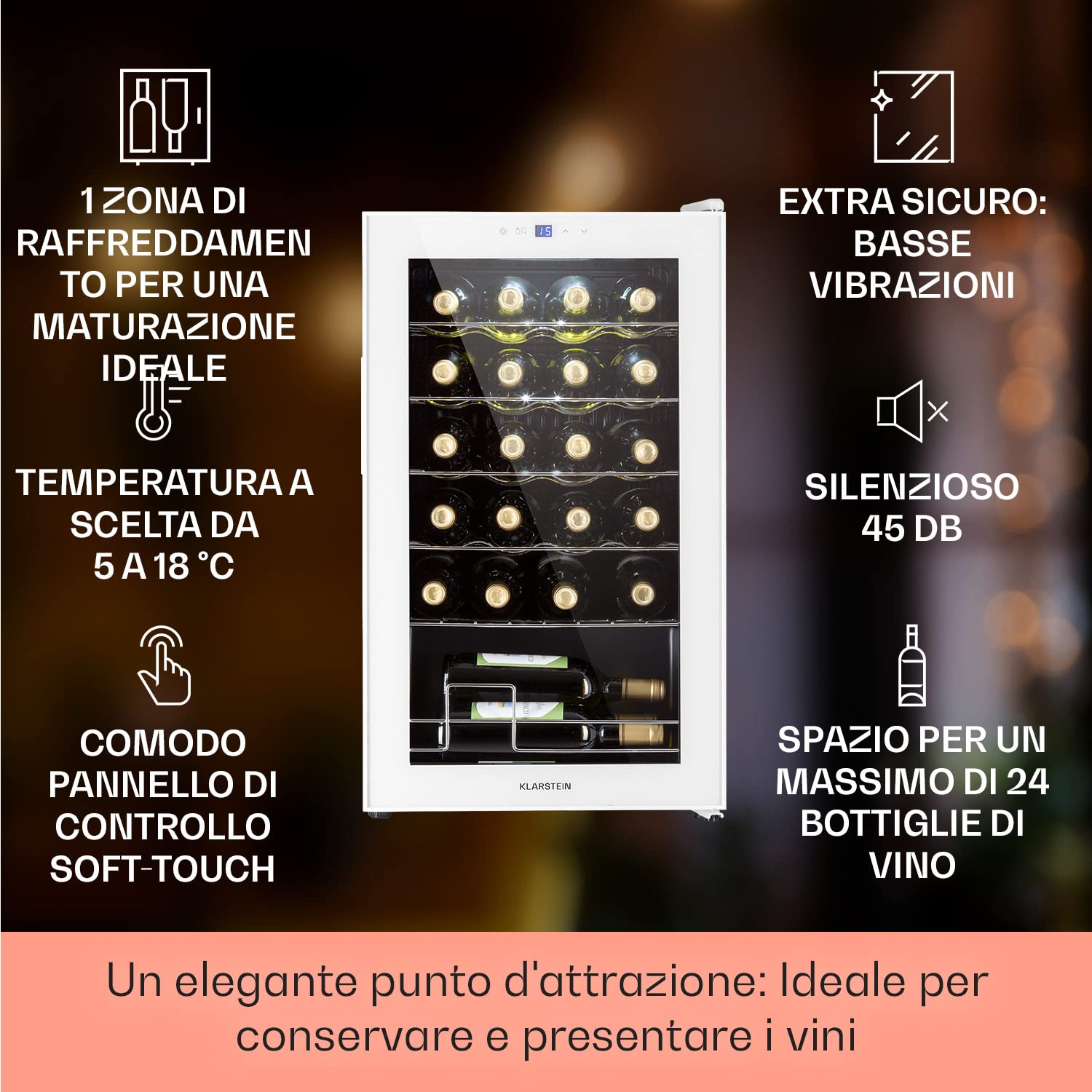 KLARSTEIN Cantinetta Vino Design, Cantinetta Vino Refrigerata a Zona Singola per Vino Rosso, Bianco e Birra, Controlli Touch, Frigo Vino Cantinetta per Esterno/Interno, 5-18°C, 63L, 24 Bottiglie