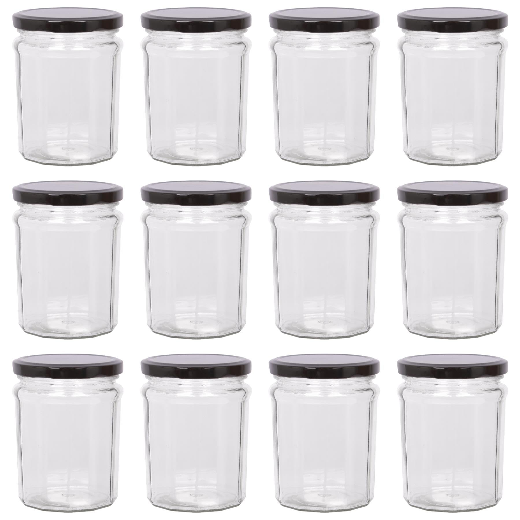 Argon Tableware Black Lid Glass Jam Jars With Airtight S - 380Ml - Pack Of 12 - Empty Screw Top Kitchen Storage Jar For Food, Honey, Spice, Pickling, Preserving, Candle Making