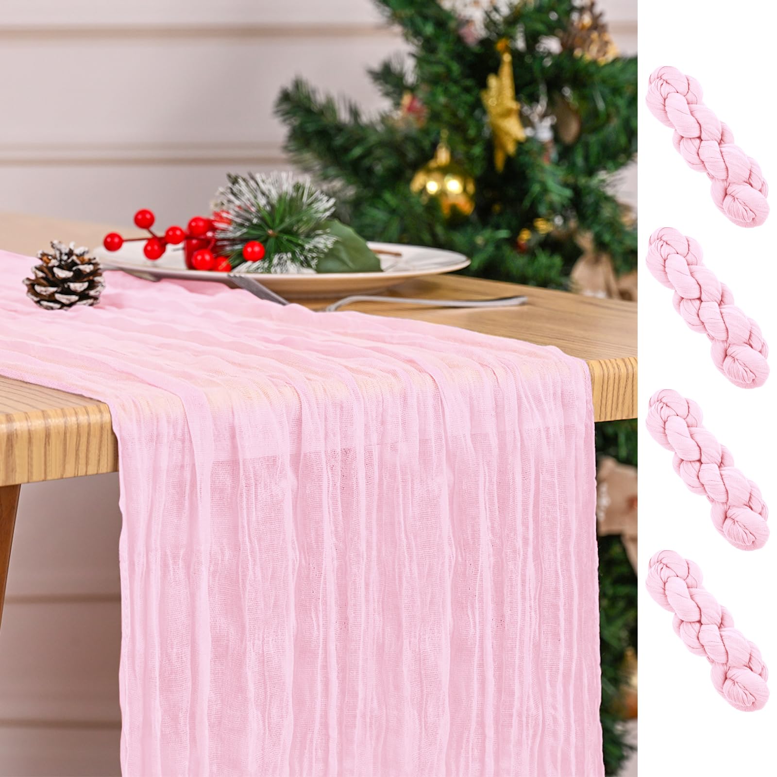 4 Pack Pink Table Runner 17 x 108inch Cheesecloth Table Runner Boho Gauze Table Runners for Dining Table Rustic Sheer Fabric Table Runners for Wedding Party Bridal Shower Spring