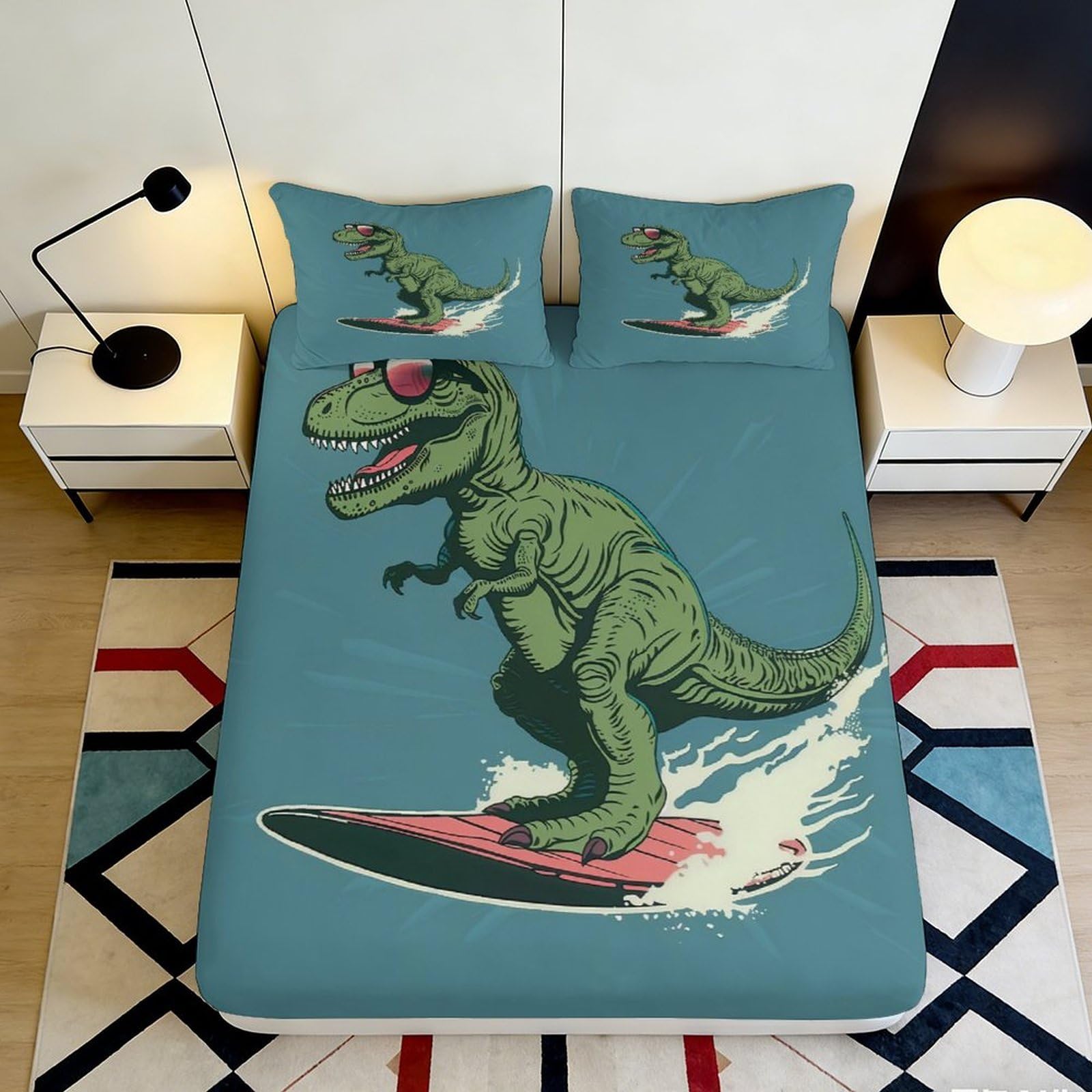 3D Printed Dinosaur Surfing Fitted Sheet Microfiber Soft Breathable Cartoon Bed Cover for Bedroom Dorm Decor 90x200x25cm