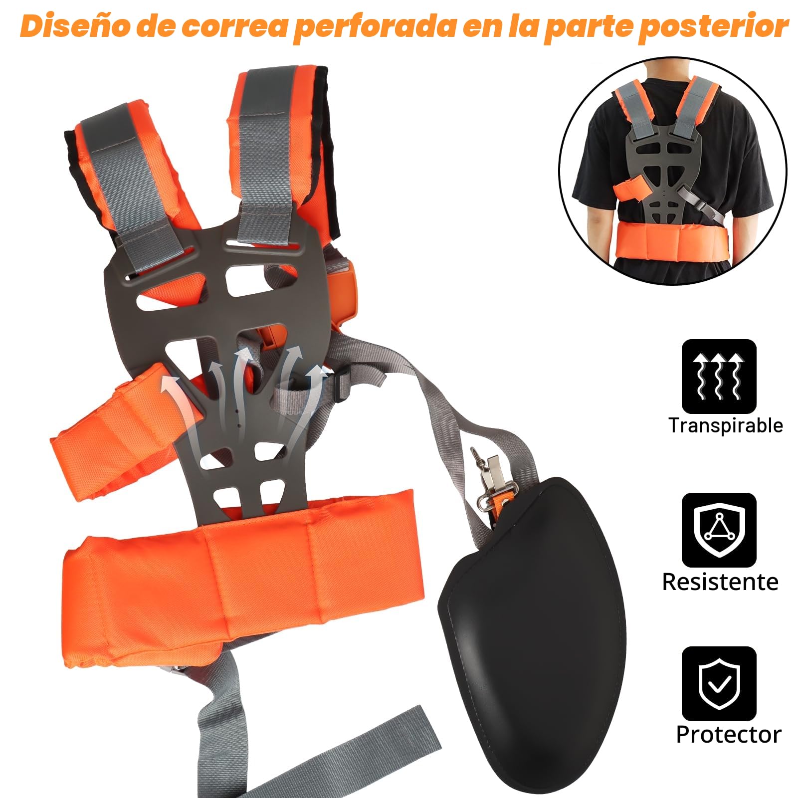 Arnés de desbrozadora, arnés universal ajustable acolchado, arnés de desbrozadora de gasolina con doble hombro, correa de hombro de nailon, arnés cortador de cepillo para césped de jardín