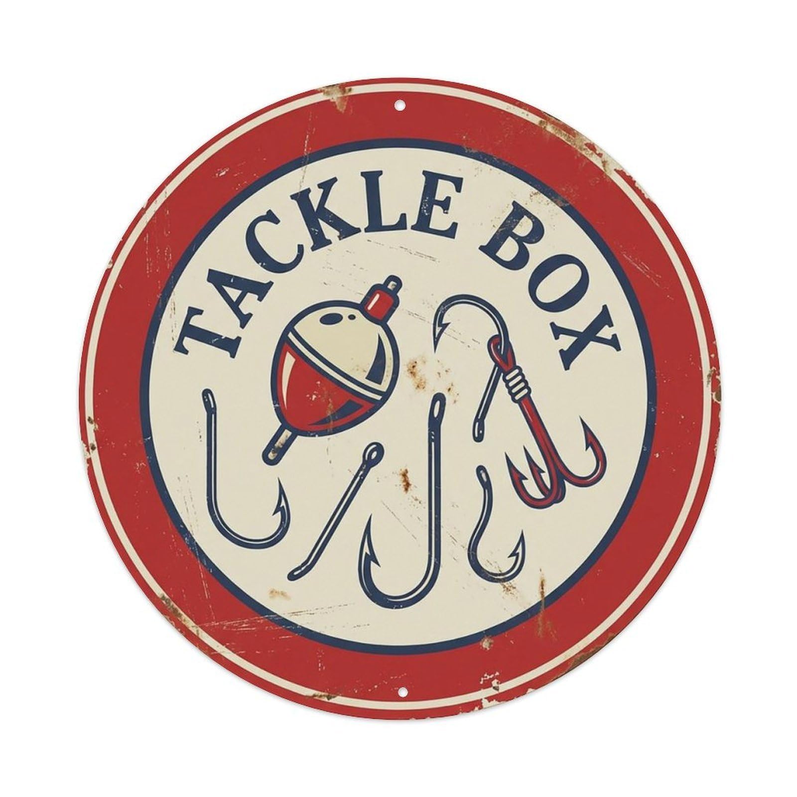 Tackle Box Angler Fishing Humor Screenprint Outdoor Vintage Metal Tin Sign Plaque Wall Decor for Cafe, Man Cave, Club Bar, Office, Home Garden Round Metal Poster 8x8Inch