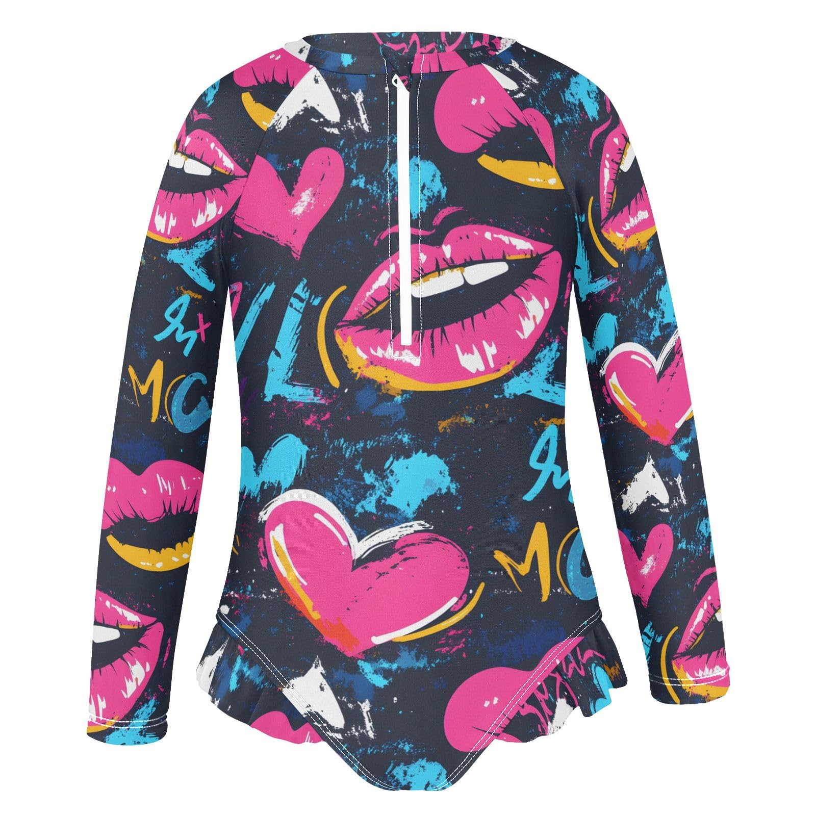 ALAZA Swimsuit for Girls Long Sleeve Rashguard Bathing Suit Mouth Heart Graffiti Grunge Quick Dry 4T