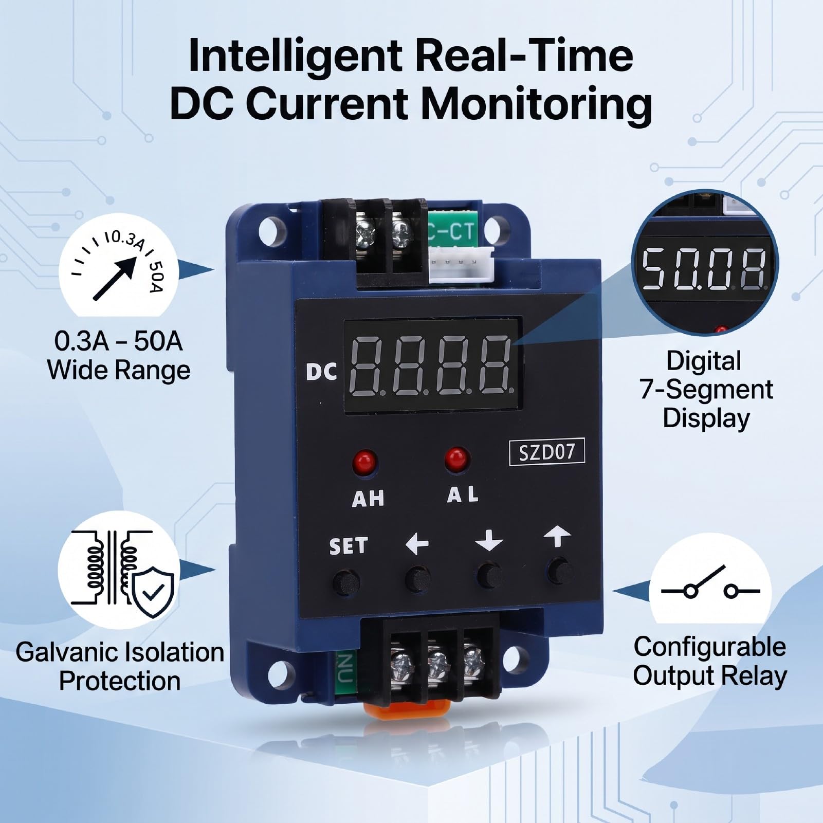 Amperímetro Digital DC 0.3-50A Monitoreo en Tiempo Real con