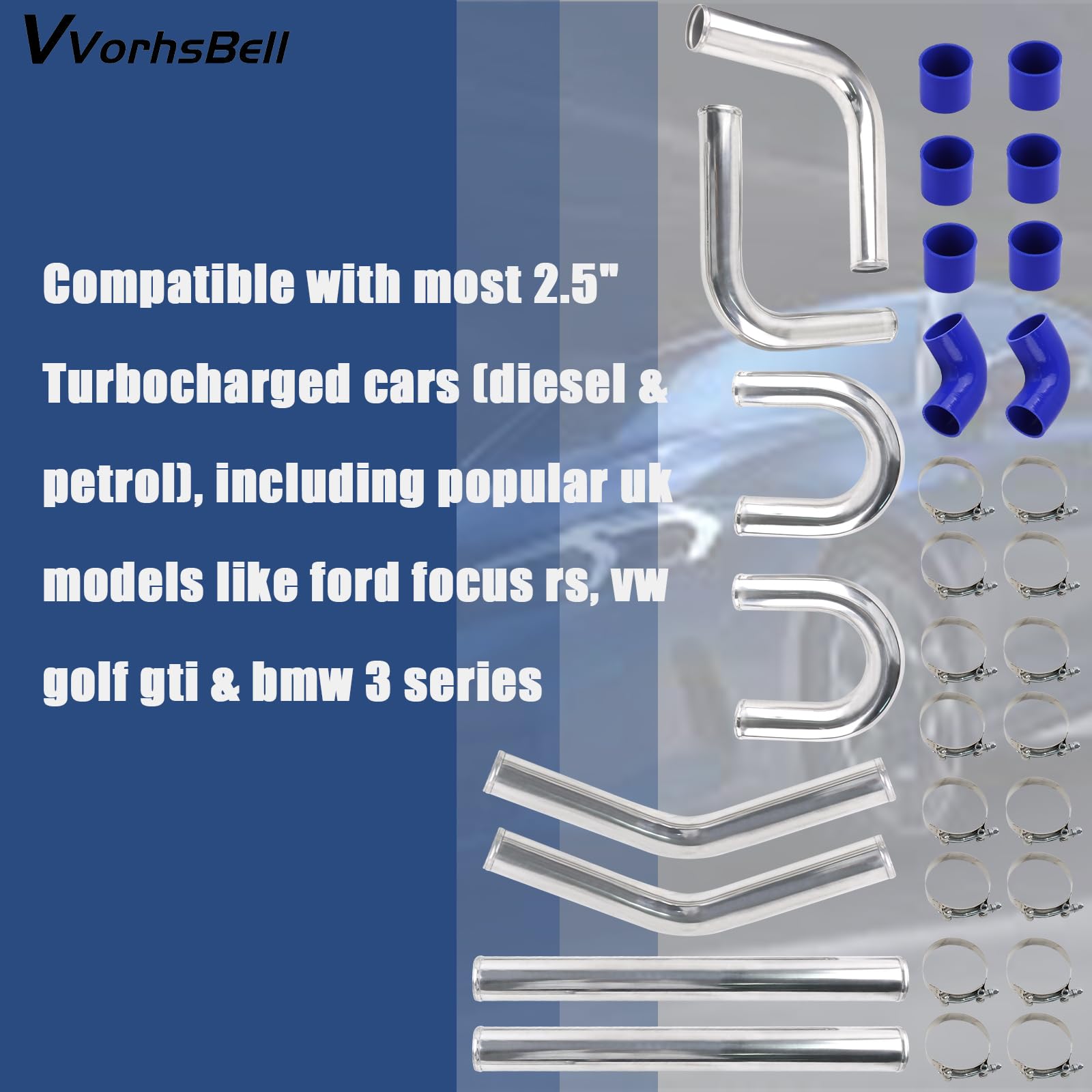 Set di tubazioni per intercooler turbo universale in alluminio da 2,5 pollici con tubi in silicone e fascette T per modifiche auto (Diesel/Gas)