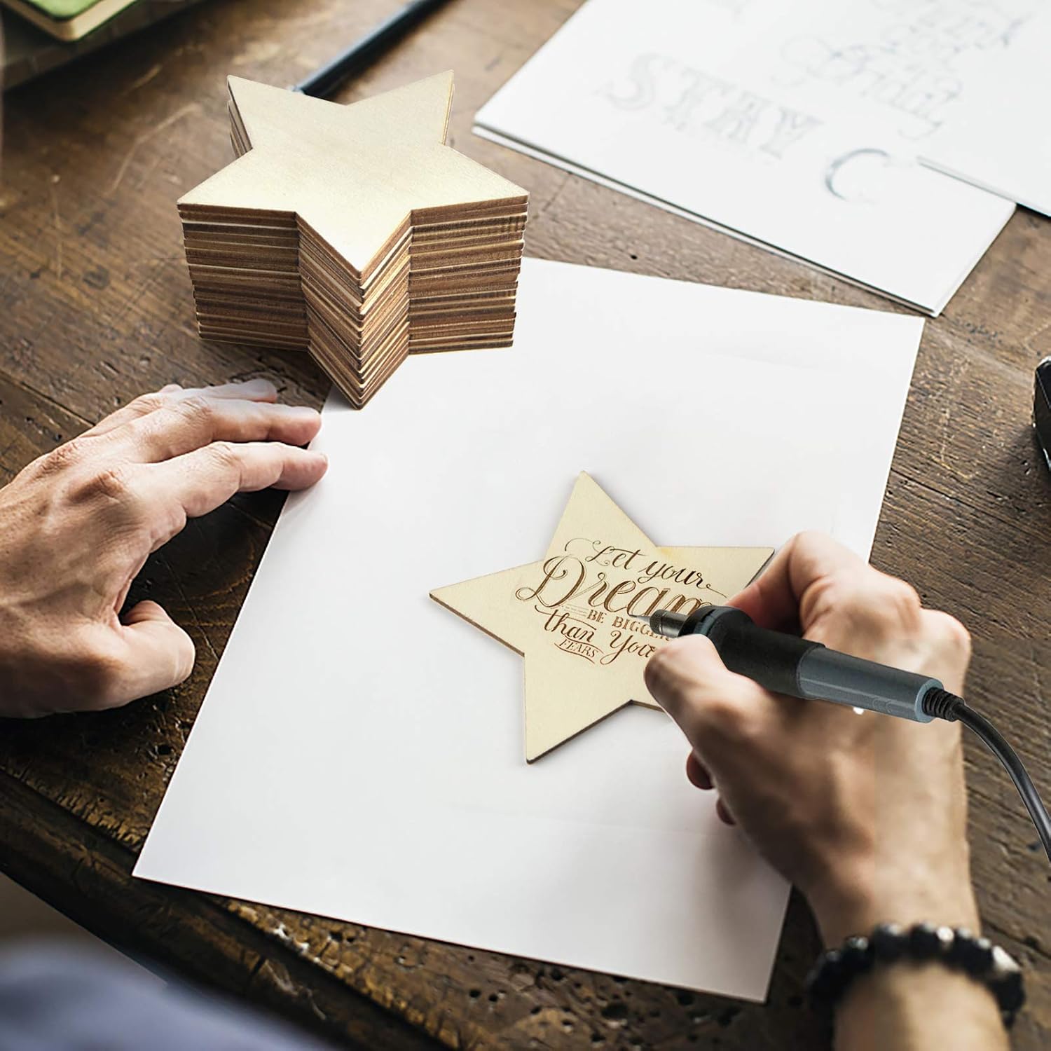 60 Pieces 5 Inch Unfinished Wooden Star Blank Natural Wood Slices Wooden Cutout Tiles for DIY Crafts Home Decoration Painting Staining