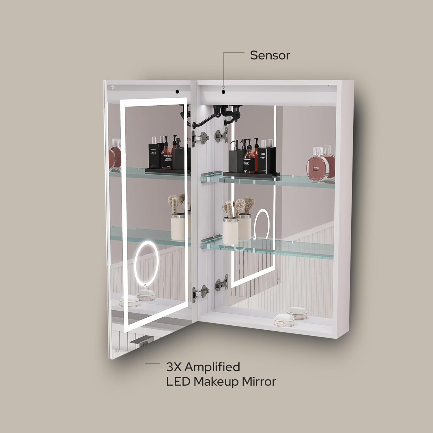 Ayna Decors Neo 20" x 32" LED Mirror Medicine Cabinet, Wall Mounted Bathroom Mirror with Storage, Mirror Cabinet with Adjustable Shelves, Outlets, USB and Type C Ports, Defogger, Dimmer, Clock & Temp