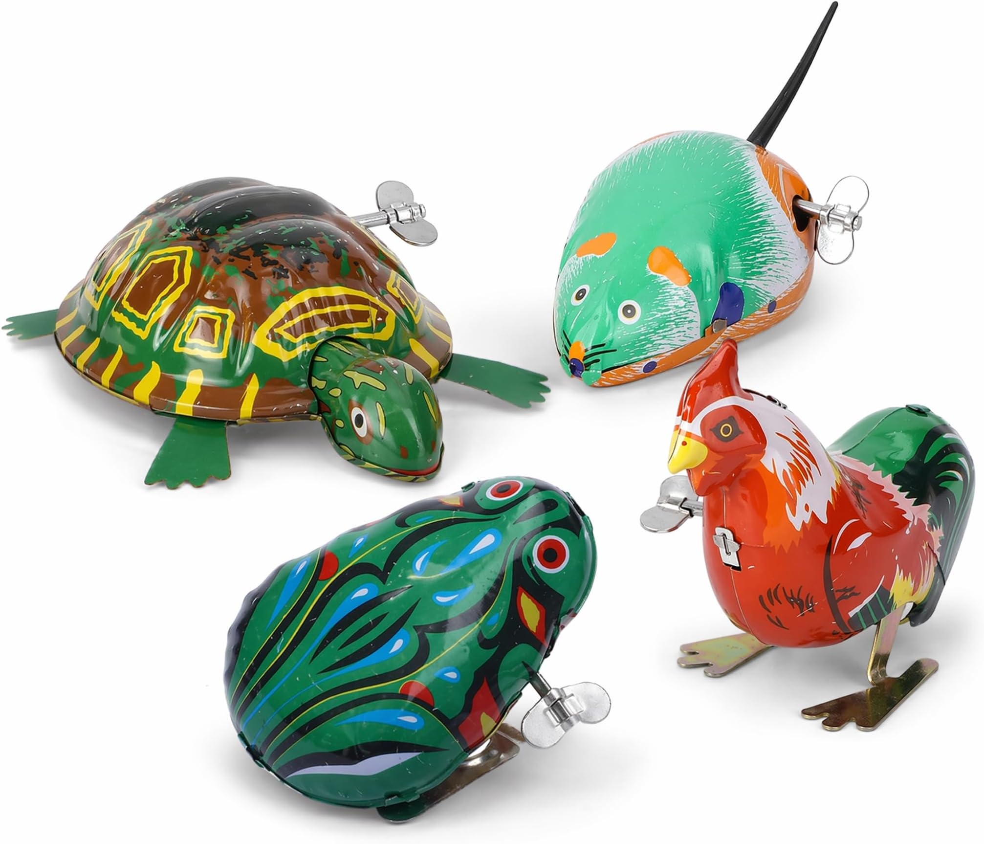 4Pcs Vintage Tin Toys Clockwork Toys Metal Clockwork Spring Wind up Metal Jumping Animal Rooster Turtle Interesting (Random Style and Color)