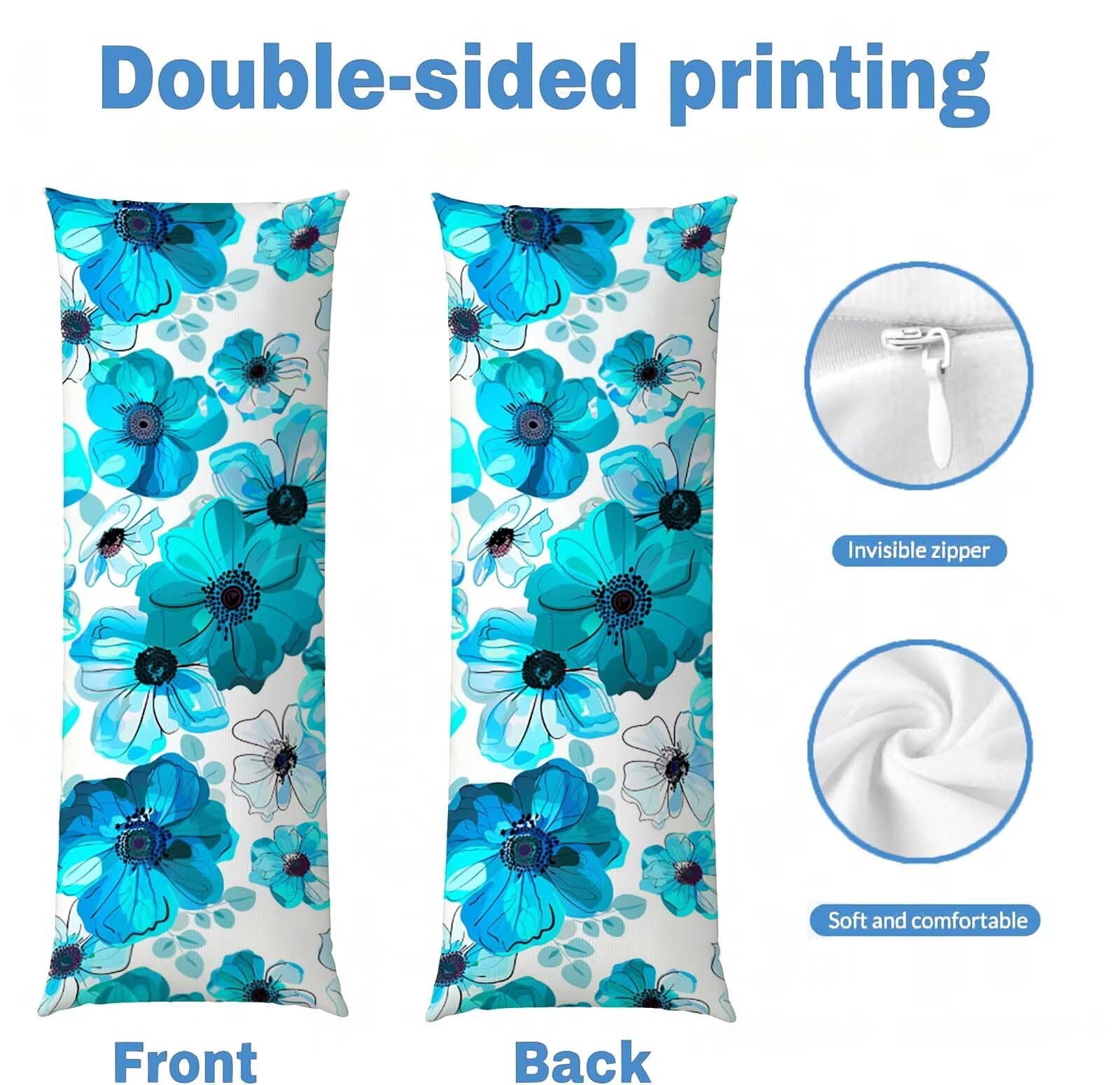 Fodera Cuscino 55 x 160 cm, Blu-11 Velluto Copricuscini Letto, | con Invisibile Cerniera, Morbida e Traspirante, per biancheria da letto, divano, hotel, chi dorme sul fianco Fiore-2 j-333