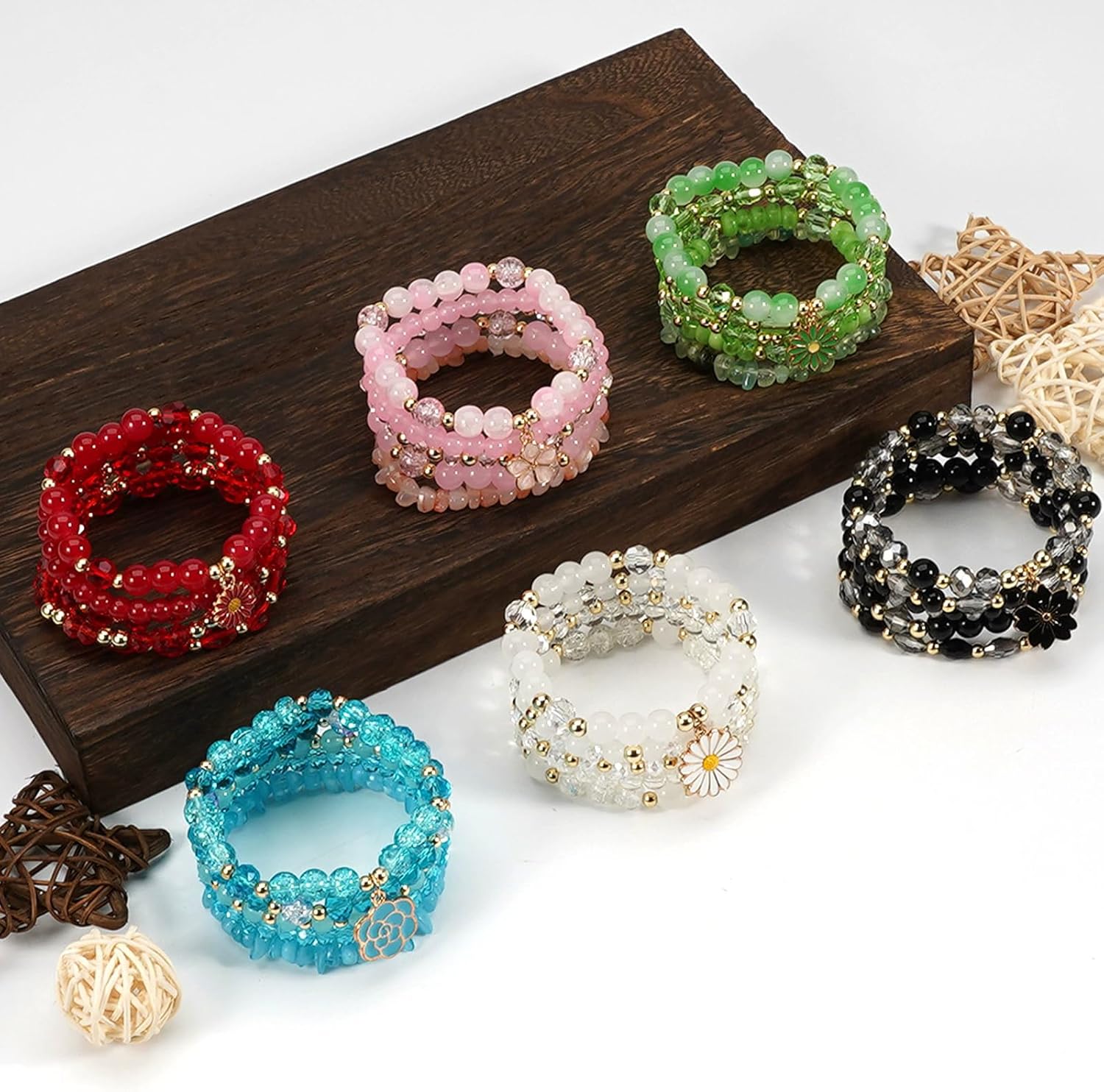 Caiyao 5Pcs Bohemia Multilayer Floewr Crystal Glass Beaded Bracelet Set Colorful Stackable Flower Beaded Friendship Stretch Bracelets for Women Men Summer Beach Boho Hawaii Holiday Jewelry Gifts - Image 4