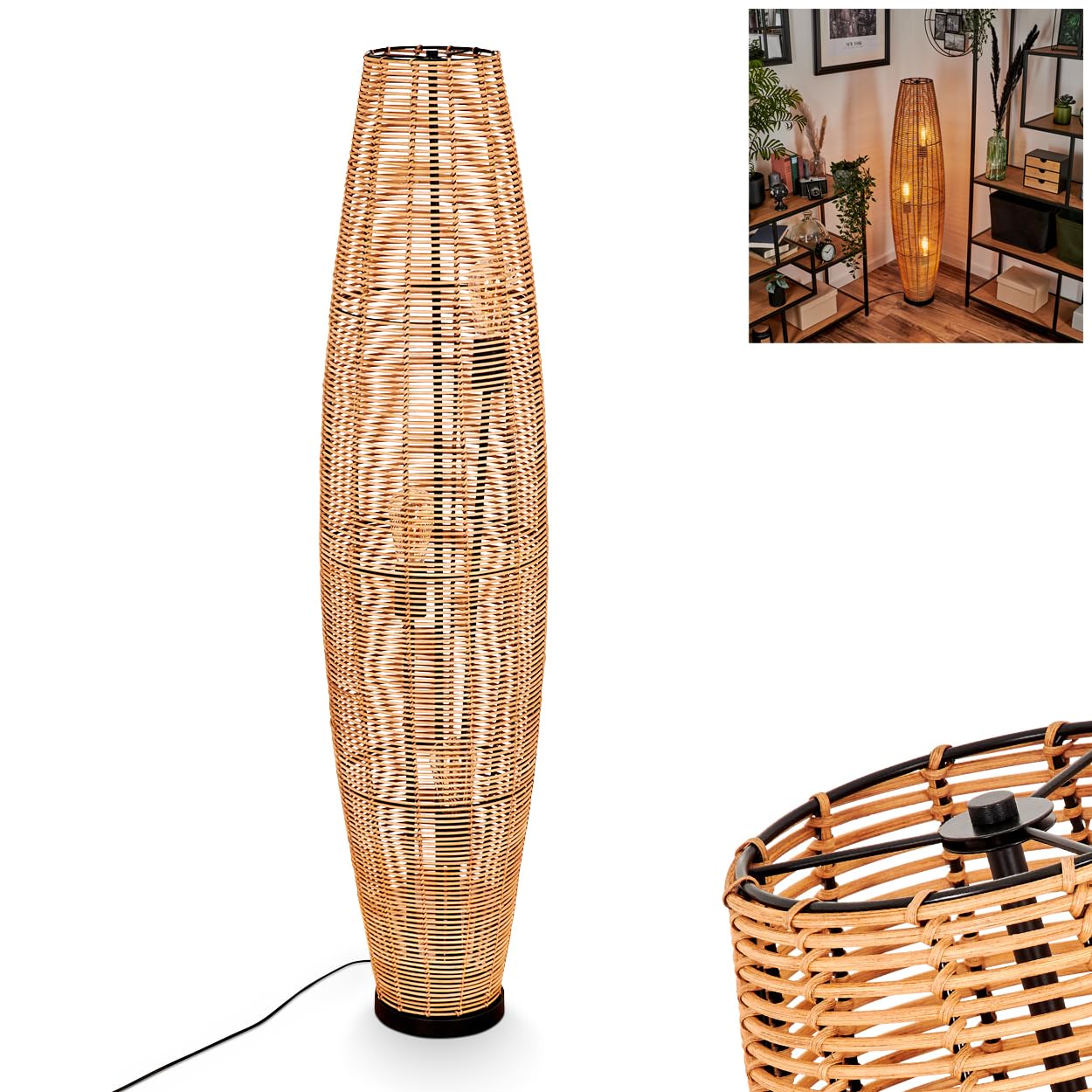 hofstein Mulstrand Lampadaire moderne en métal/rotin noir/naturel, lampe au design bohème abat-jour en grille, interrupteur marche/arrêt sur le câble et effet lumineux, 3 ampoules E27, sans ampoule