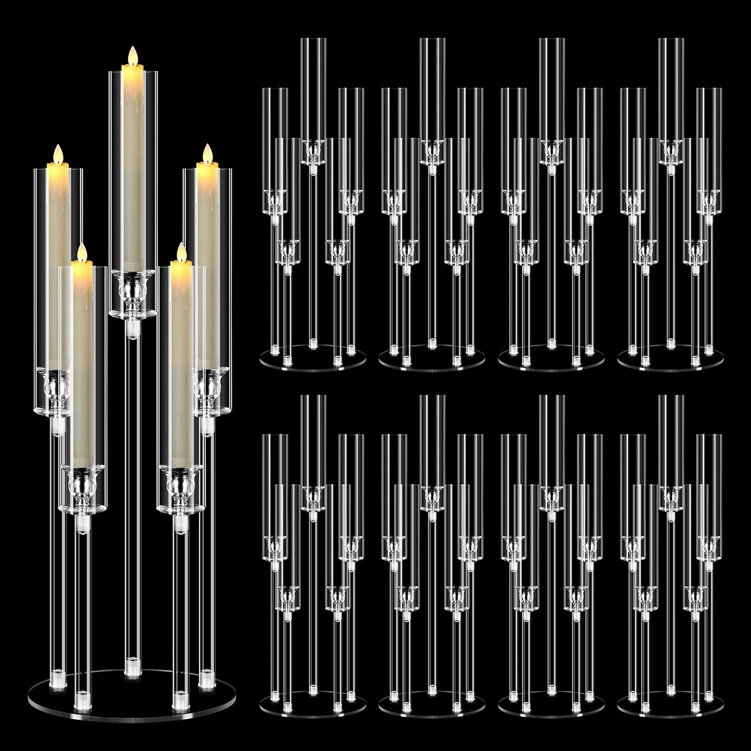 8 set 5 arm acrylic candelabra centerpiece, mjkeomo 27'' tall clear candle holder for table, wedding, christmas, fireplace mantel decor, fits 0.82" led candles holder only 8