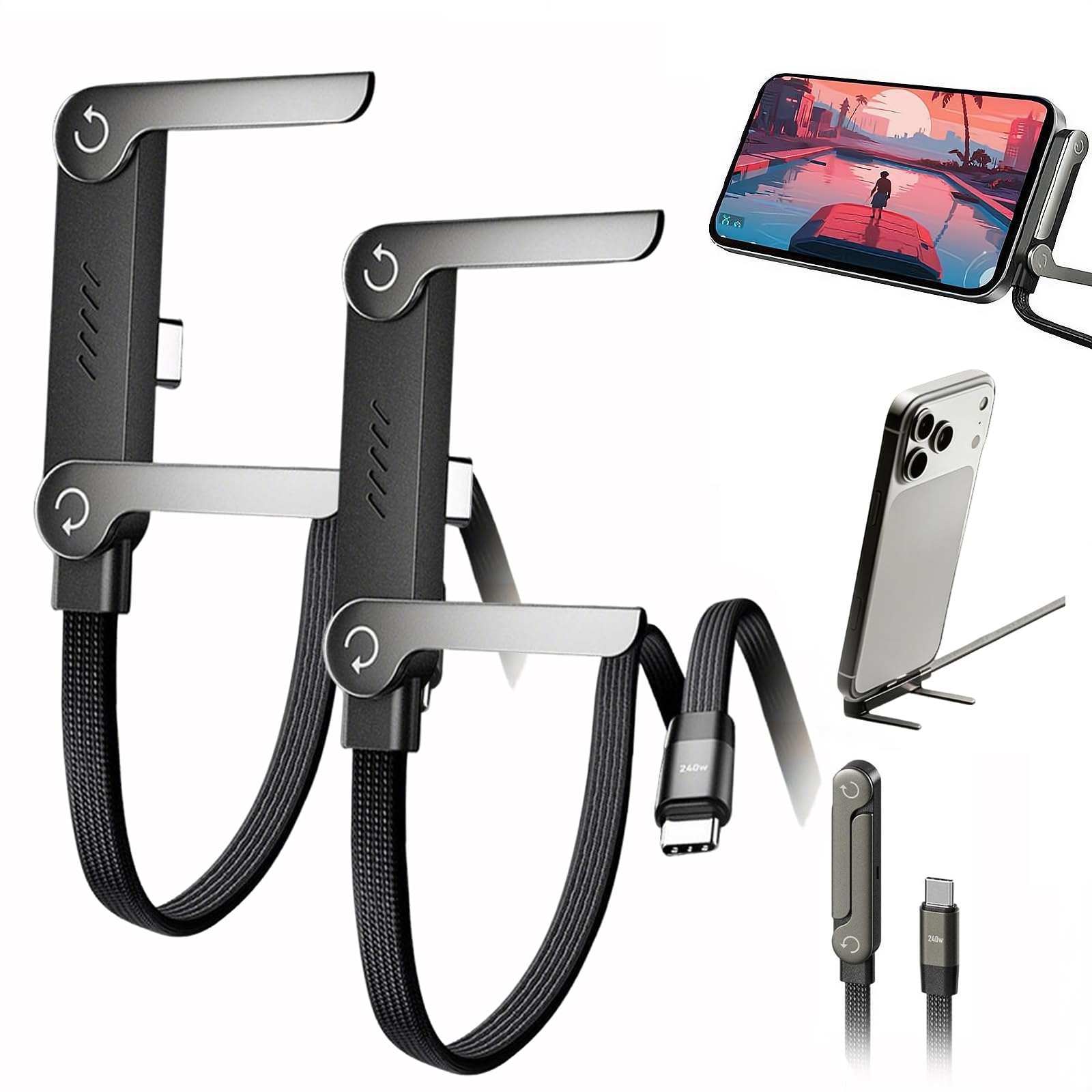 Chubbycable StandLite 240W Braided Fast Charge Cable with Built-in Phone Stand, 2-in-1 Invisible Holder Charger Cables Foldable Durable USB-C Cord 90 Degree USB C Cables Right Angle, 3.3ft (2PCS)