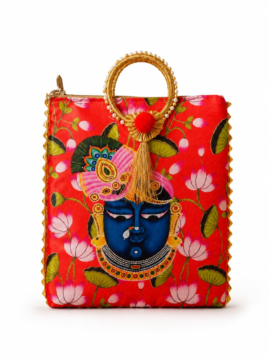 Womens Ethnic Potli Bag - Designer Shrinathji Art Printed Silk Handbag with Red Pearl Ring Handle and Lotus Motifs for Festive Occasions, Weddings, and Poojas-image-21