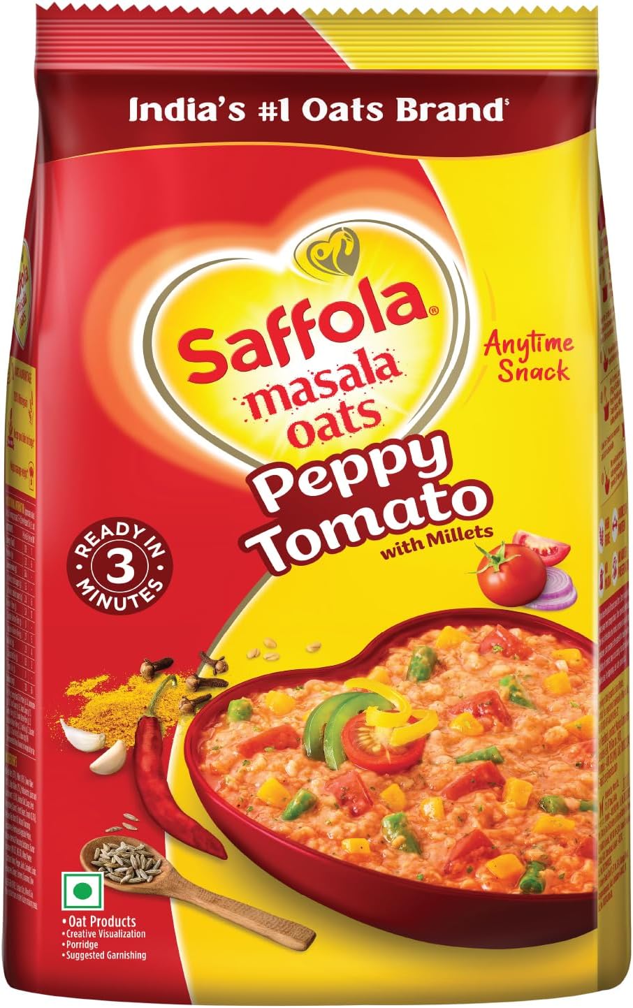 Saffola Masala Oats|500 G/550 G|Peppy Tomato|Tasty, Anytime Snack|Ready In 3 Mins|Millets Goodness- With Bajra & Jowar|No Maida,No Added Preservatives|Oats Helps Manage weight[Weight May Vary]