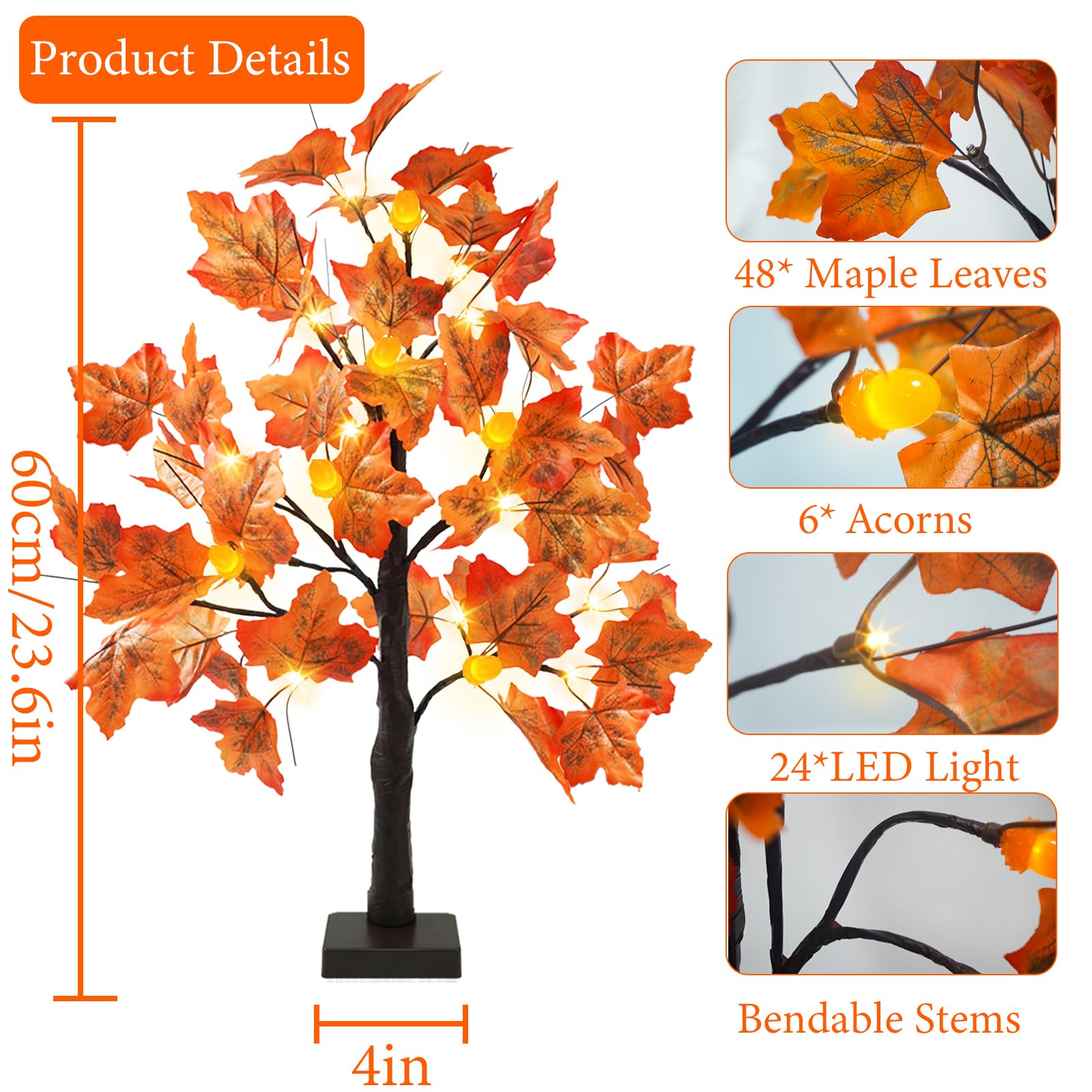 Succwoah 2 Pcs 24 Inch Artificial Fall Lighted Maple Tree with 24 LED 6 Acorns Timer, Light Up Thanksgiving Tabletop Tree Decorations for Autumn Home Party Indoor Outdoor
