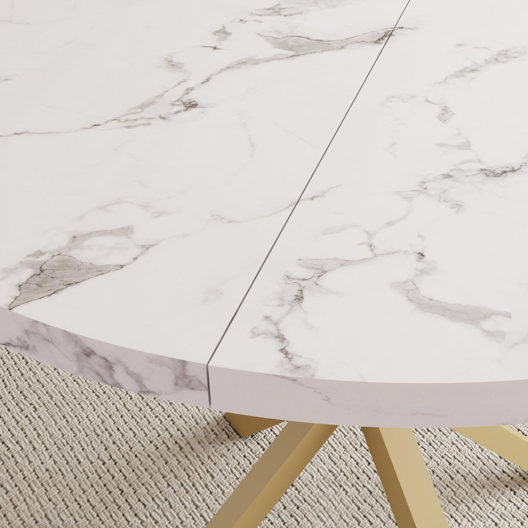Mesa de Comedor, Mesa de Cocina Redonda, Mesa Redonda Moderna, Tablero de MDF Grueso y Patas de Metal, para Sala de Estar, Comedor, Blanco+Dorado