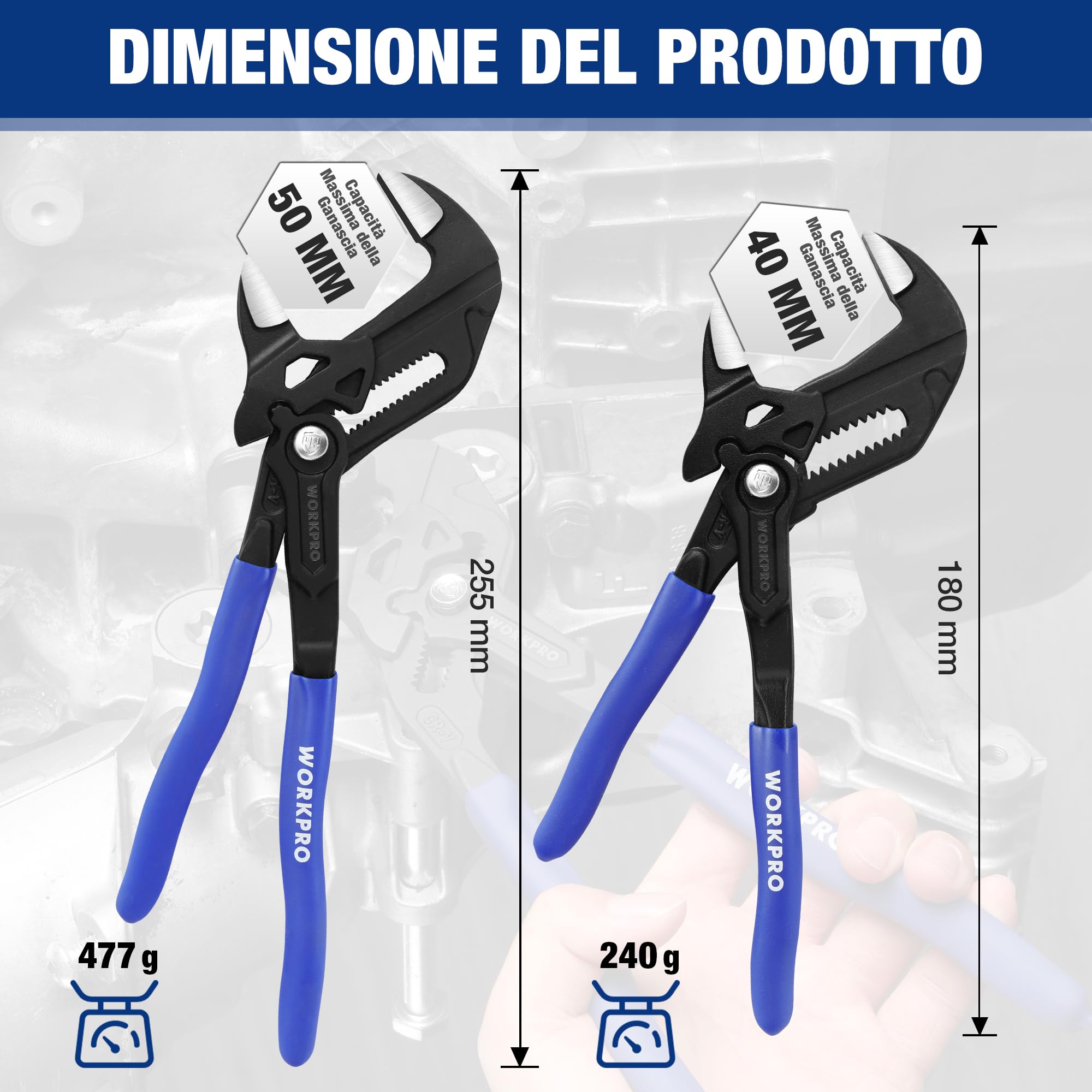 WORKPRO Pinza Chiave a 2 Pezzi, 180 mm/255 mm, Set di Pinze Cr-V, Chiave Regolabile, Pinza con Ganascia Autoregolante, Apertura Massima della Ganascia 40 mm/50 mm