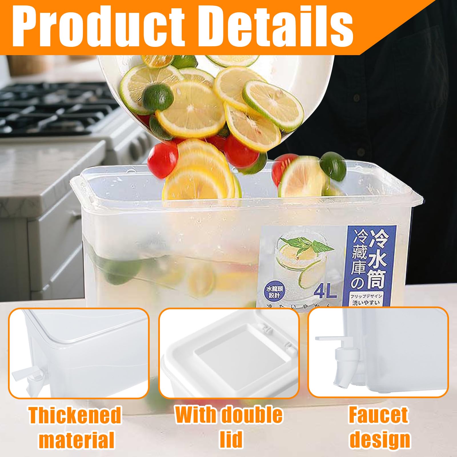 4L Dispensador Bebidas con Grifo, Hervidor Frío Nevera Reutilizable, Contenedores Agua Frigorífico, Recipiente Jugo Plástico para Guardar Zumos, Cócteles, Leche, Té Helado, Frutas, Limonada, Camping