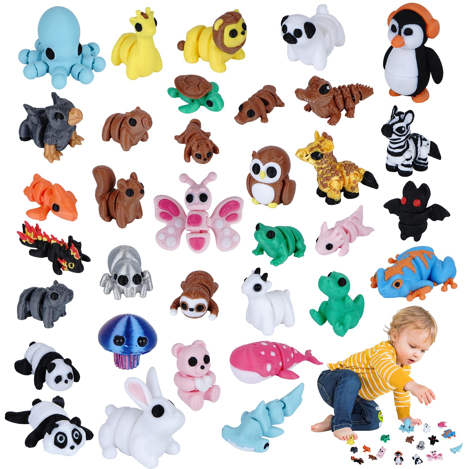 3D Printed Mini Cute Animal Figures 34 PCS Multicolour Collectible Models Animal Toys Set Desk Decor for Home Office Christmas Party Gifts (Multicolour)
